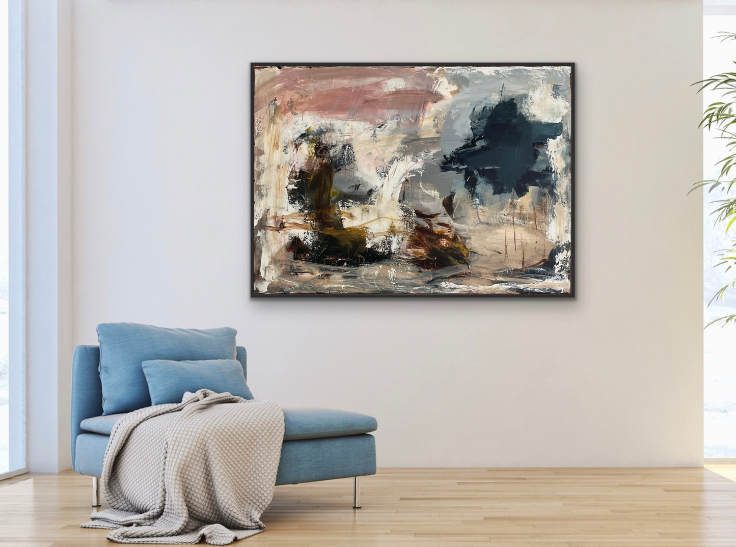 Abstrakt maleri, 140x100 cm, "Guardian angels" by Lone Reedtz , Abstrakt ekspressivt akrylmaleri på lærred Med sort svæveramme Black Blue Brown Grey Ochre Orange Pink White