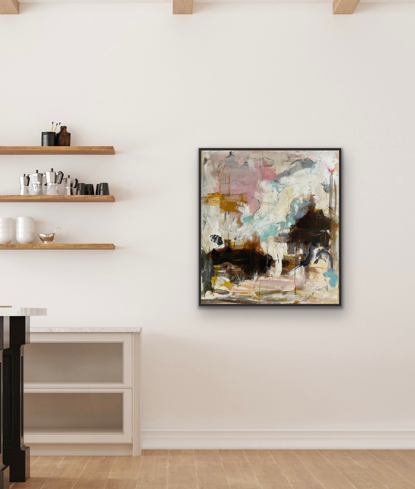 Abstrakt maleri, 100x90 cm, "Let´s disappear" by Lone Reedtz , Abstrakt ekspressivt akrylmaleri på lærred Med sort svæveramme