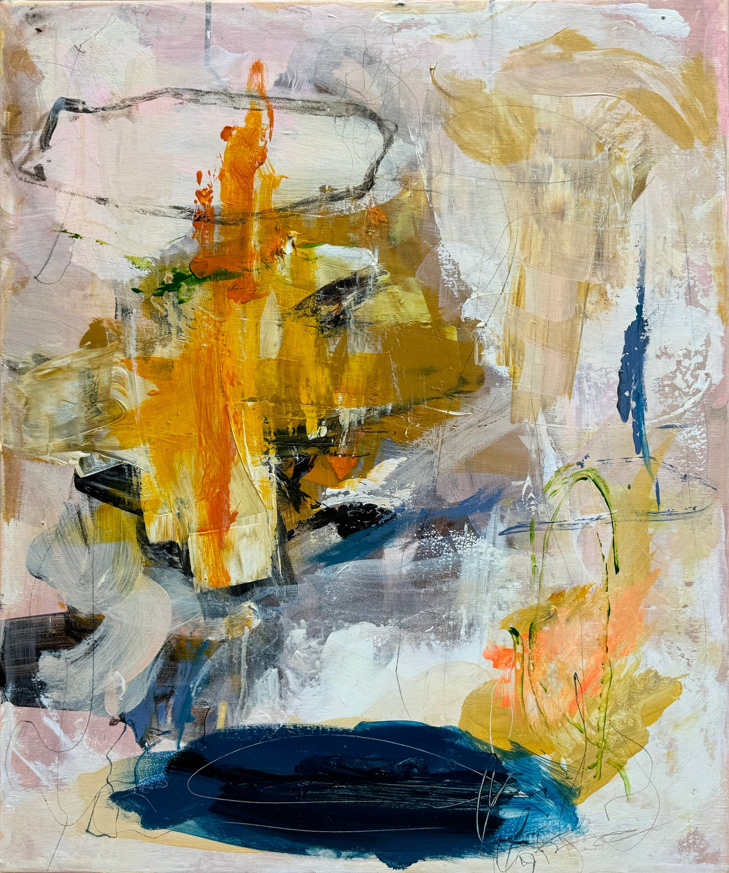 Abstrakt maleri, 60x50 cm, ”HOLD YOUR GROUND” by Lone Reedtz , Abstrakt ekspressivt akrylmaleri på lærred Black Blue Brown Grey Ochre Orange White