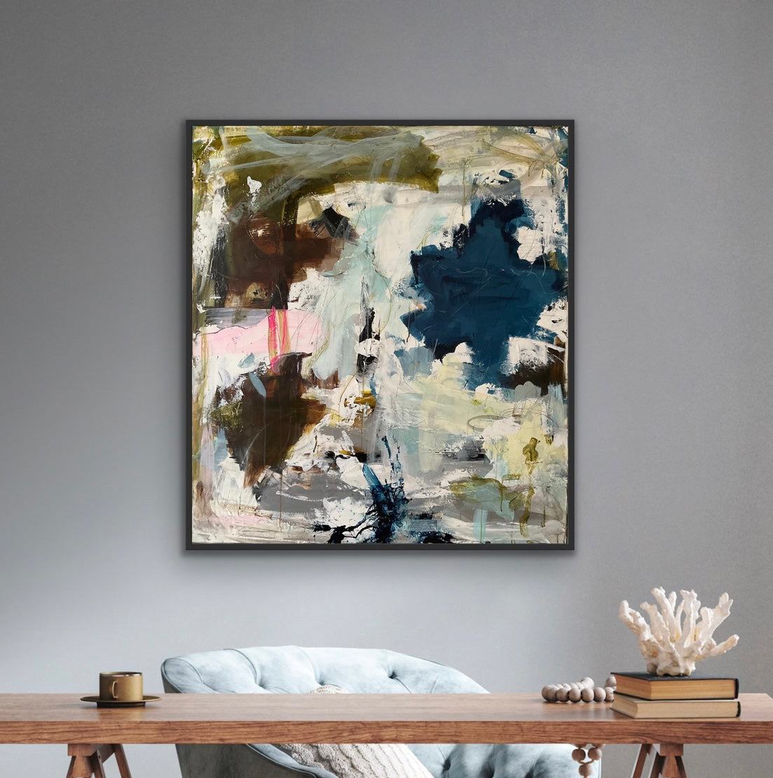 Abstrakt maleri, 100x90 cm, "Ocean of you" by Lone Reedtz , Abstrakt ekspressivt akrylmaleri på lærred Med sort svæveramme
