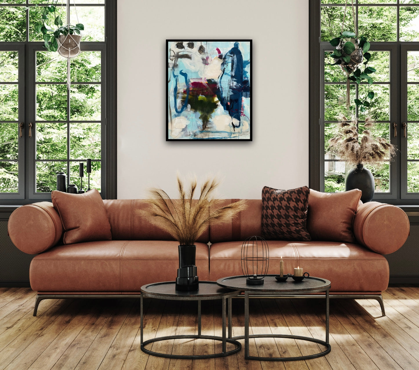 Abstrakt maleri, 60x50 cm, "LILY” by Lone Reedtz , Abstrakt ekspressivt akrylmaleri på lærred Black Blue Brown Green Grey Ochre Purple White