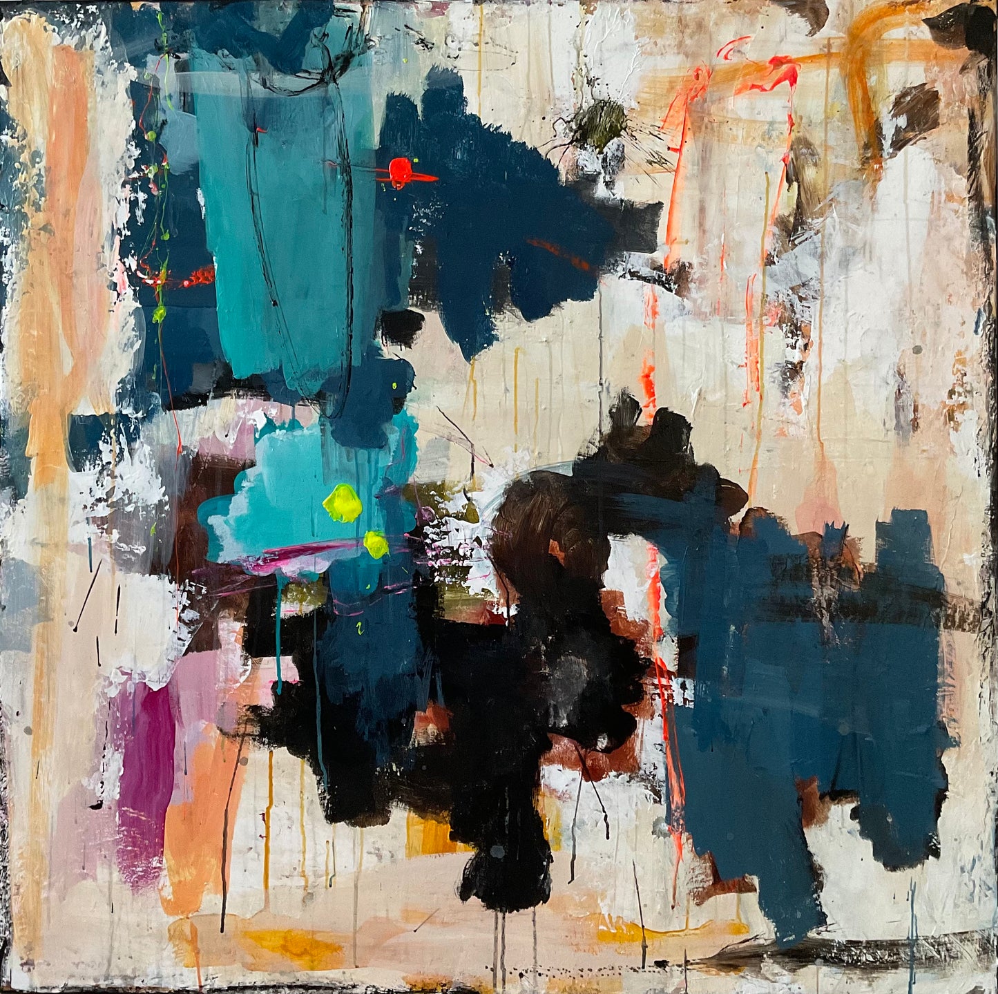 Abstrakt maleri, 100x100 cm, “DIRECTIONS” by Lone Reedtz , Abstrakt ekspressivt akrylmaleri på lærred Uden ramme Blue Brown Green Grey Kunstsamlingen-katalog-2025 Orange Pink White Yellow