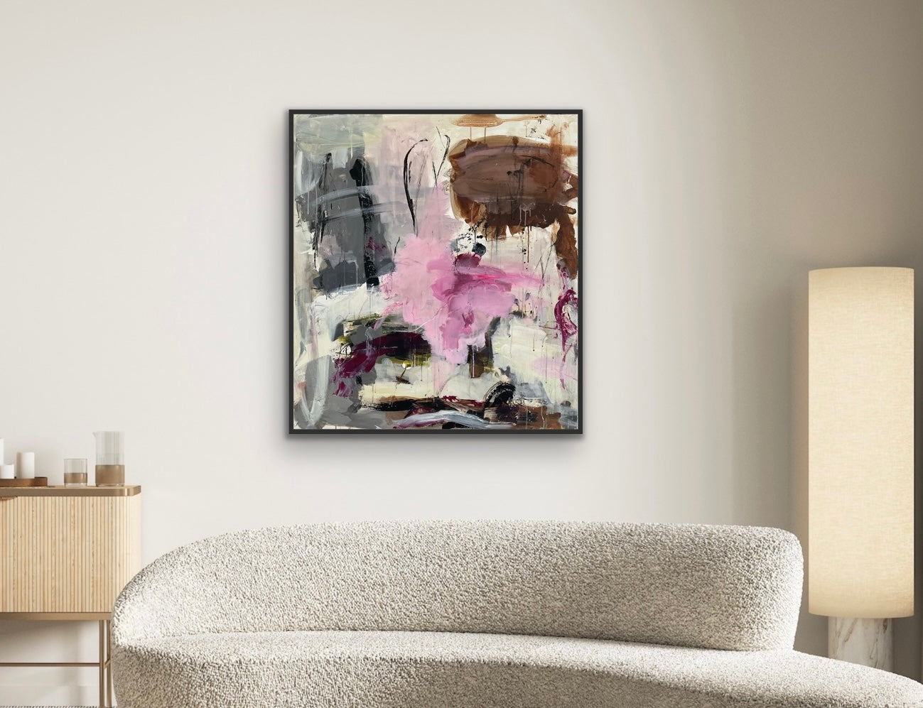 Abstrakt maleri, 90x100 cm, "Happy heart" by Lone Reedtz , Abstrakt ekspressivt akrylmaleri på lærred Med sort svæveramme