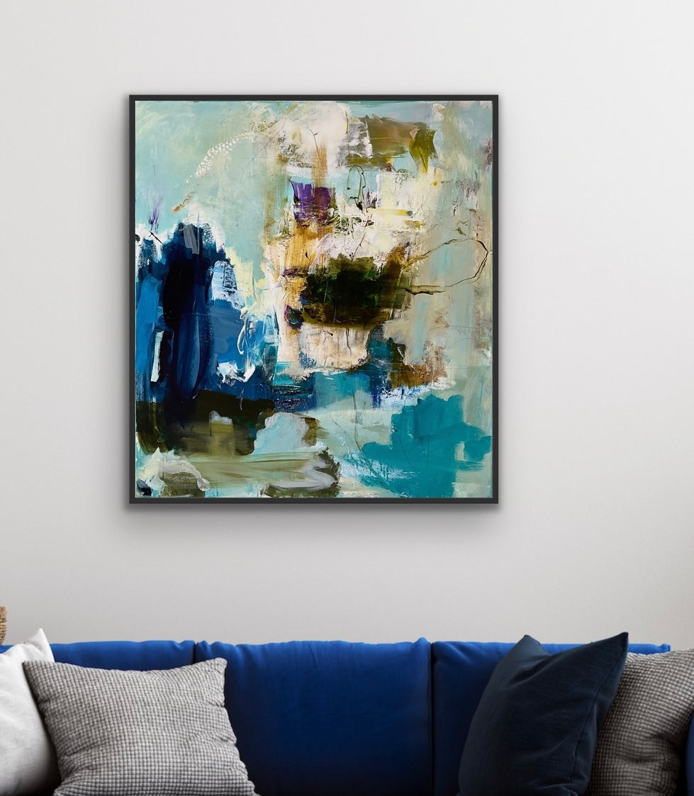 Abstrakt maleri, 100x90 cm, ”REMEMBER THE DAY” by Lone Reedtz , Abstrakt ekspressivt akrylmaleri på lærred Med sort svæveramme