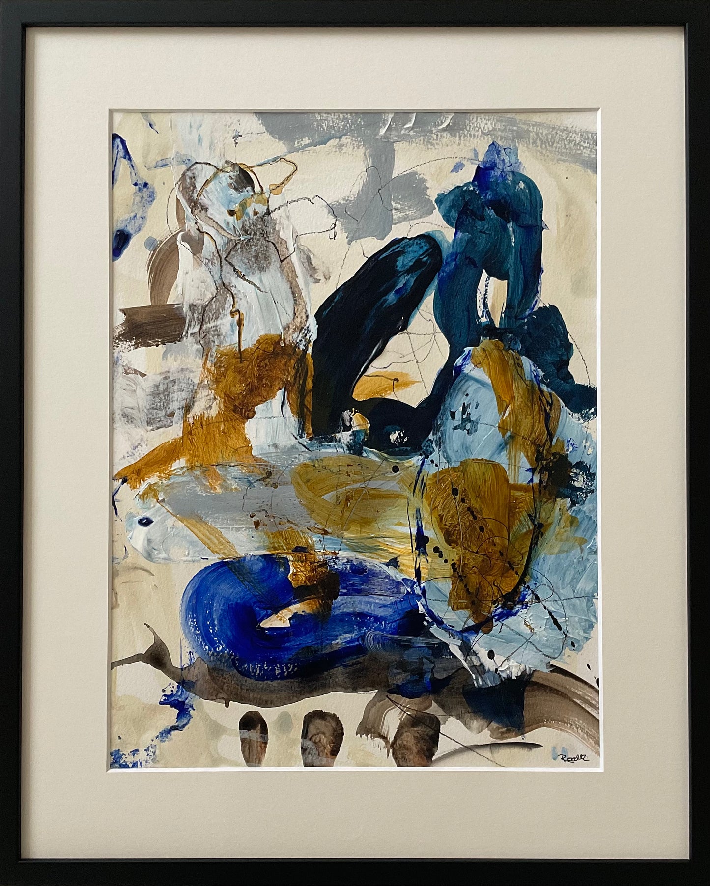 Paperwork nr. 67, 40x50 cm med sort træramme by Lone Reedtz , Abstrakt ekspressivt akrylmaleri på papir i passepartout