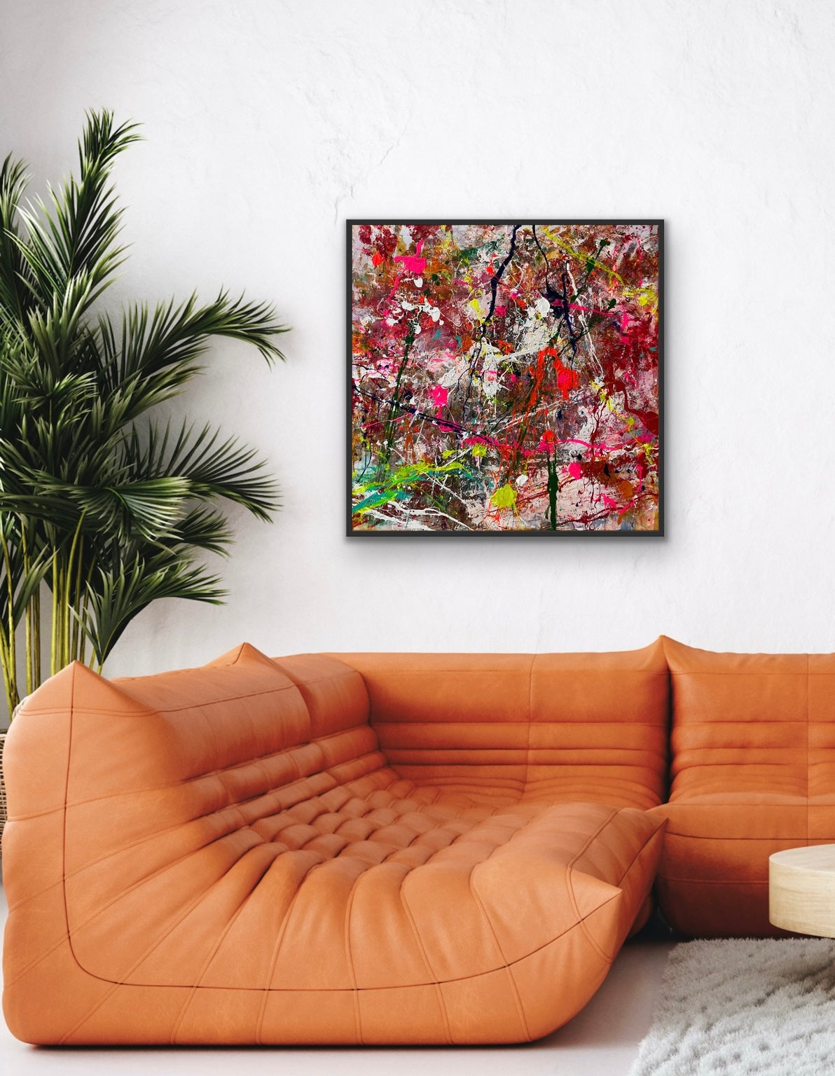 Abstrakt maleri, 80x80 cm, ”COTTON FLOWER” by Lone Reedtz , Abstrakt ekspressivt akrylmaleri på lærred Med sort svæveramme Kunstsamlingen-katalog-2025
