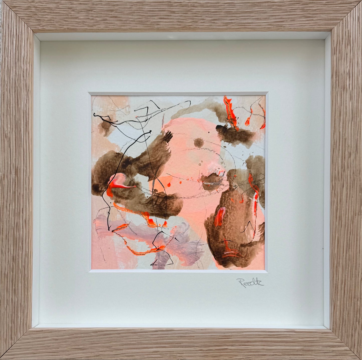 Paperwork nr. 130, 20x20 cm, i boksramme af massivt egetræ by Lone Reedtz , Abstrakt ekspressivt akrylmaleri på papir i passepartout