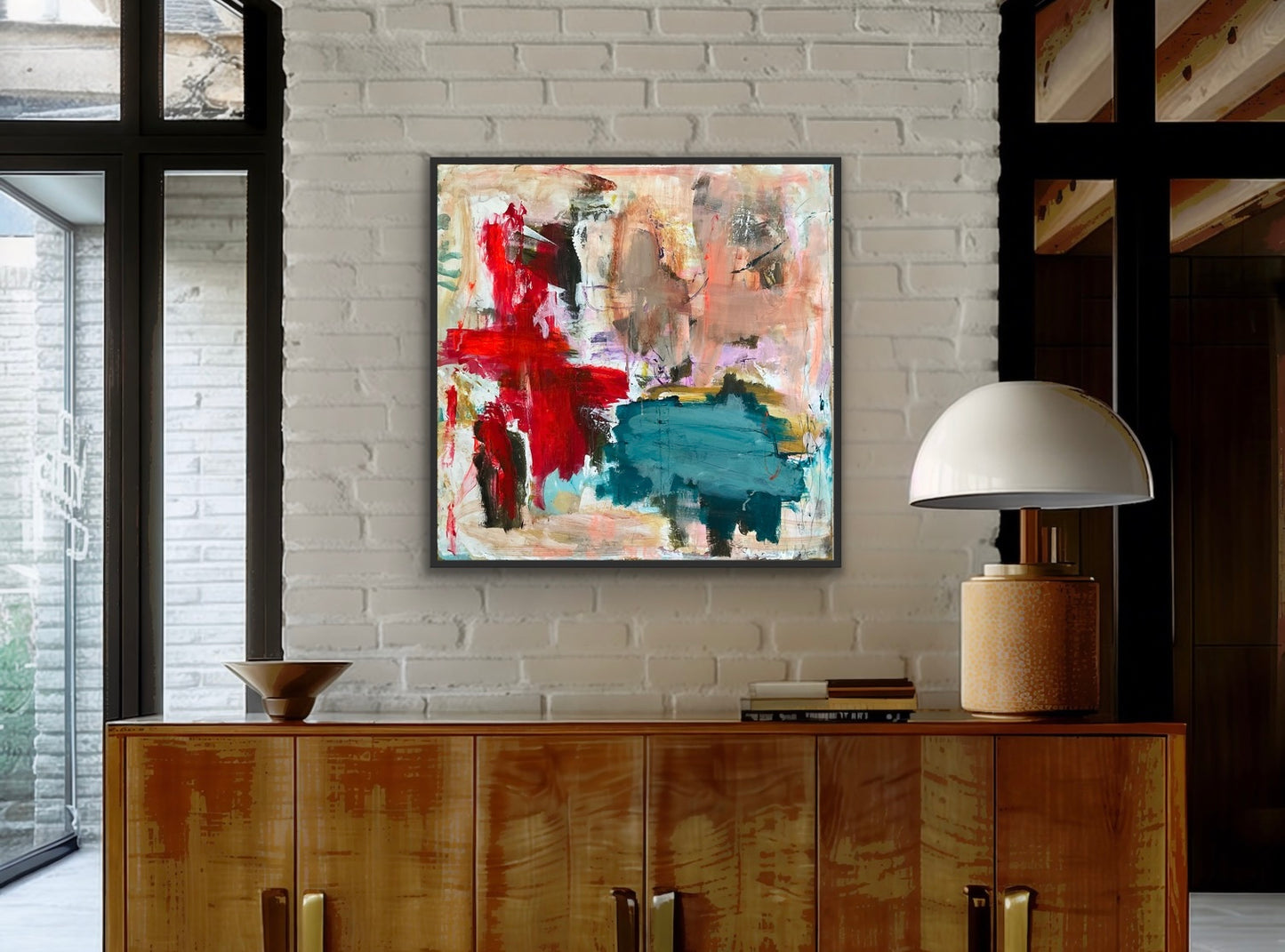 Abstrakt maleri, 80x80 cm, ”THE FUTURE UNFOLDS” by Lone Reedtz , Abstrakt ekspressivt akrylmaleri på lærred