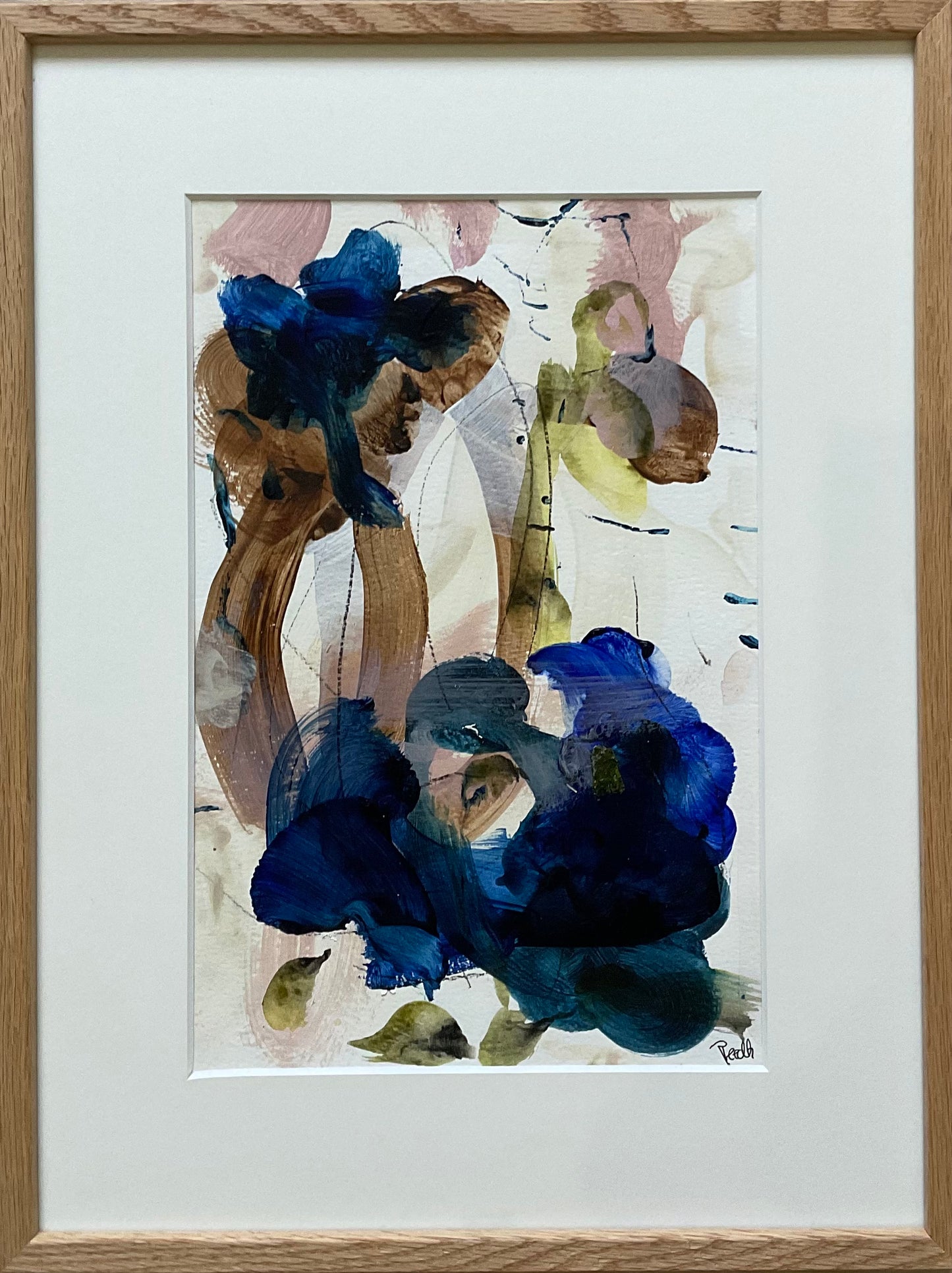 Paperwork nr. 108, 40x30 cm i massiv egetræsramme by Lone Reedtz , Abstrakt ekspressivt akrylmaleri på papir i passepartout