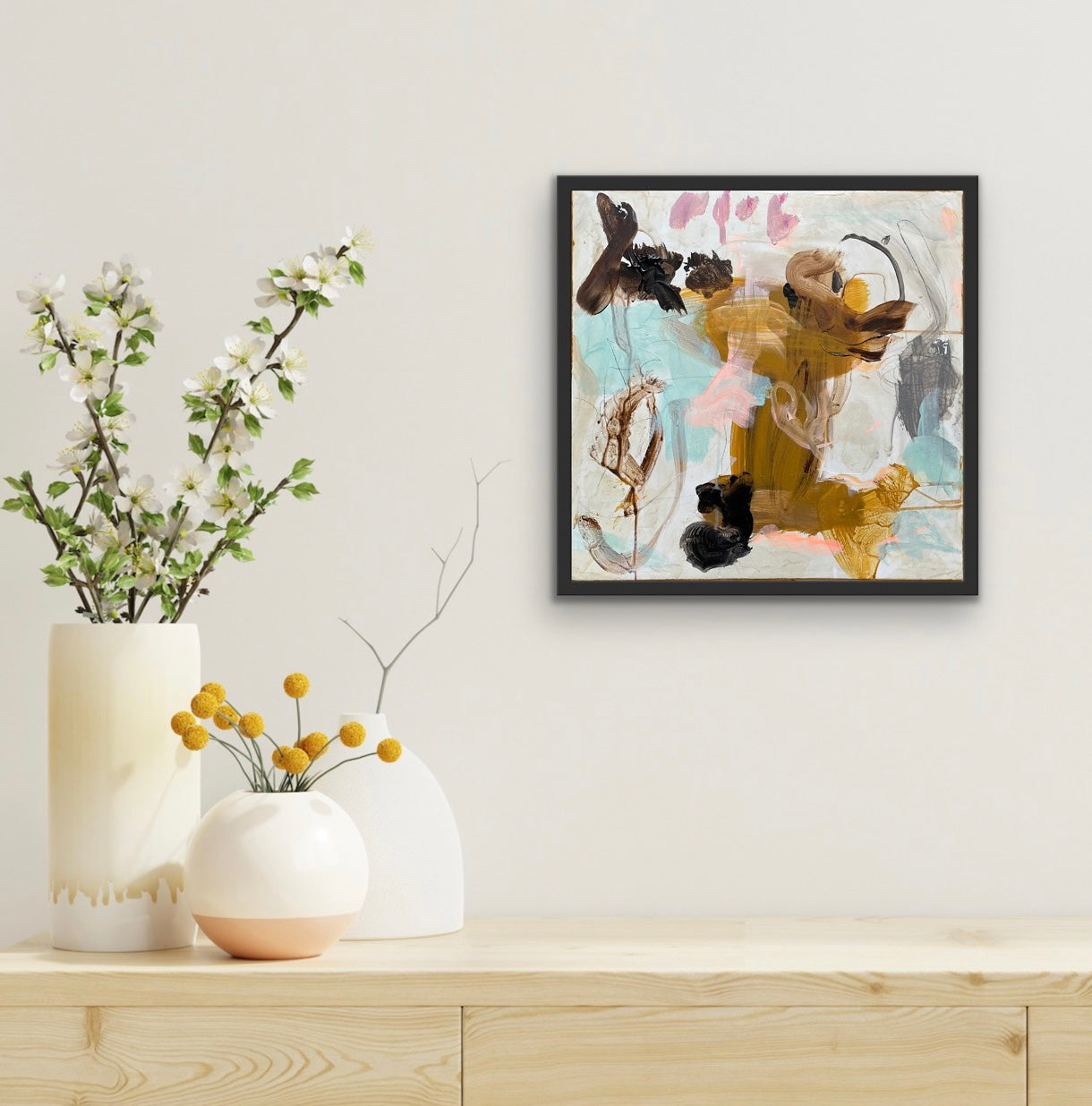 Abstrakt maleri, 40x40 cm, "RUN WITH ME” by Lone Reedtz , Abstrakt ekspressivt akrylmaleri på lærred Med sort svæveramme