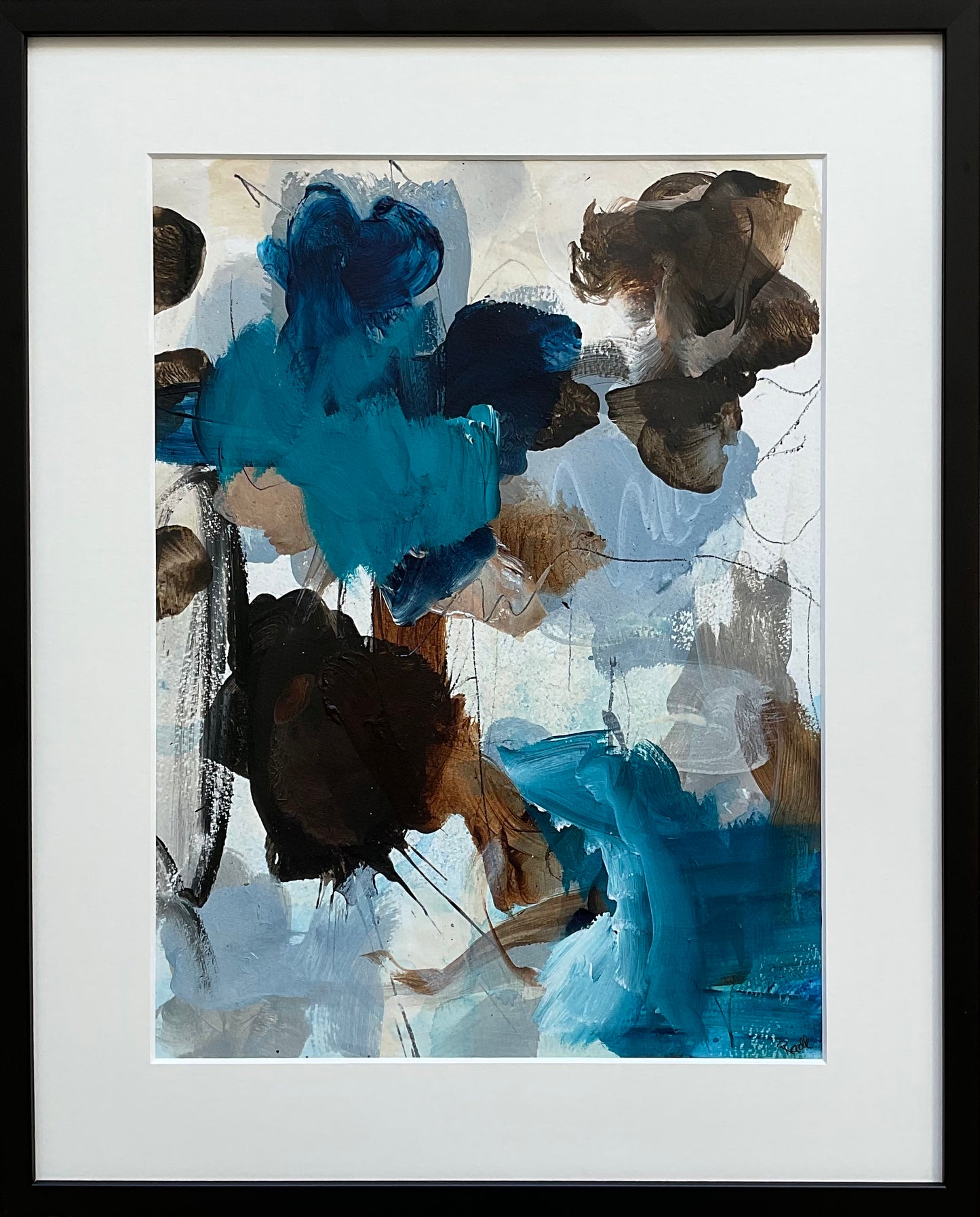 Paperwork nr. 105, 50x40 cm, med sort træramme by Lone Reedtz , Abstrakt ekspressivt akrylmaleri på papir i passepartout Childish