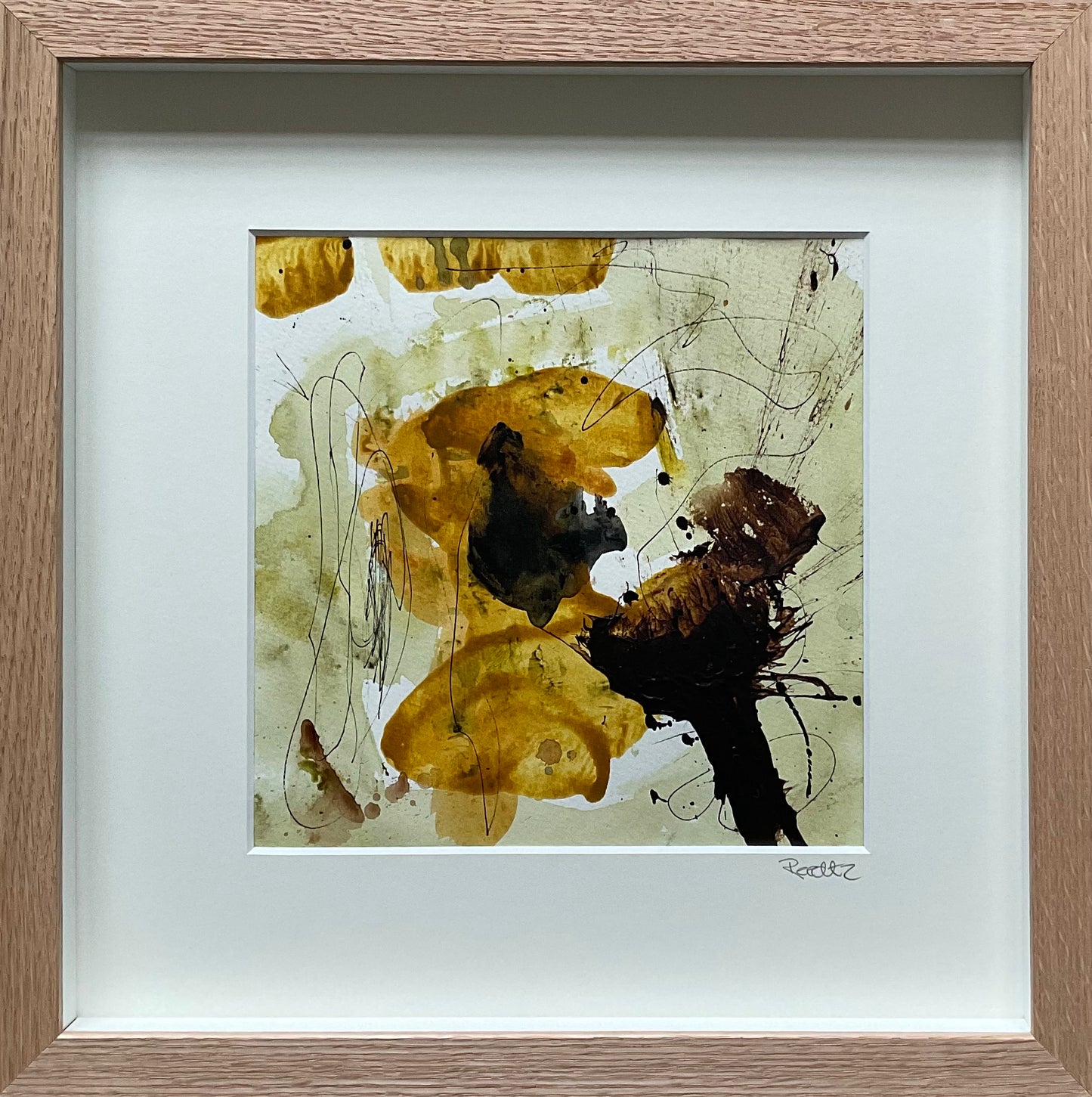 Paperwork, 30x30 cm, i boksramme af massivt egetræ by Lone Reedtz , Abstrakt ekspressivt akrylmaleri på papir i passepartout