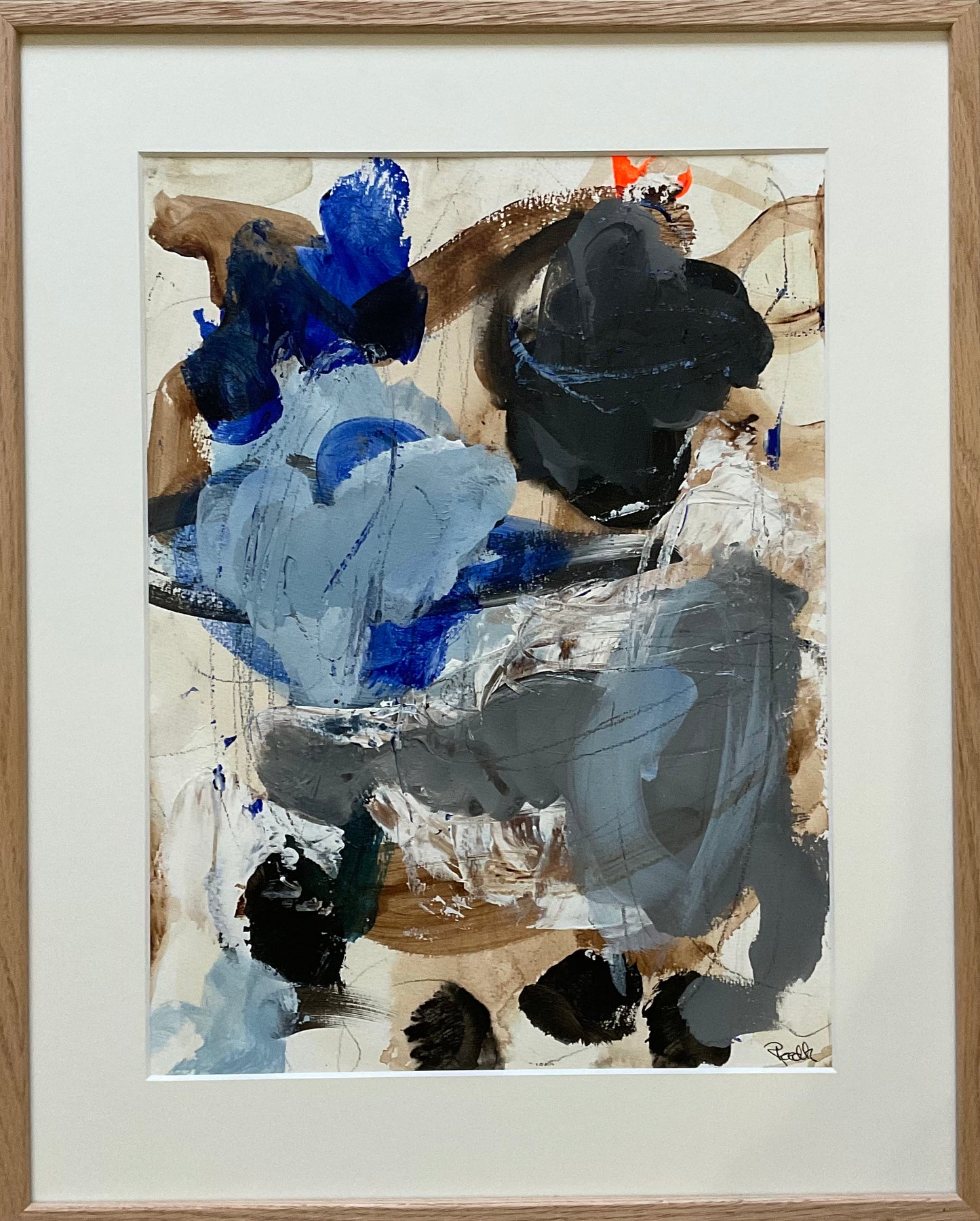 Paperwork nr. 73, 50x40 cm, i massiv egetræsramme by Lone Reedtz , Abstrakt ekspressivt akrylmaleri på papir i passepartout