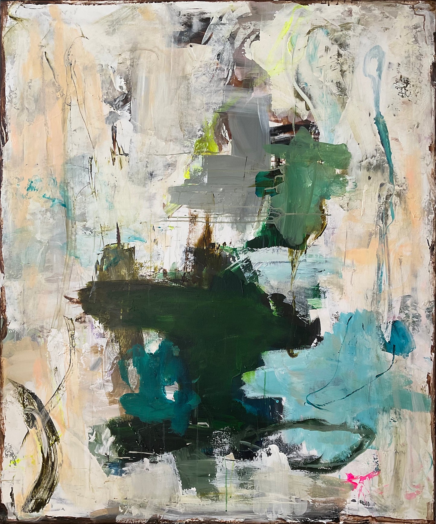 Abstrakt maleri, 120x100 cm, “STRONG” by Lone Reedtz , Abstrakt ekspressivt akrylmaleri på lærred Uden ramme Blue Brown Green Grey Kunstsamlingen-katalog-2025 Orange Pink White Yellow