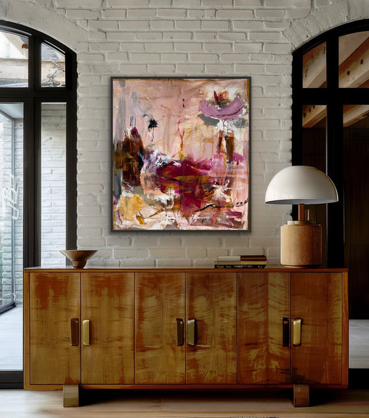 Abstrakt maleri, 100x90 cm, ”AUTUMN WAVE” by Lone Reedtz , Abstrakt ekspressivt akrylmaleri på lærred Med sort svæveramme