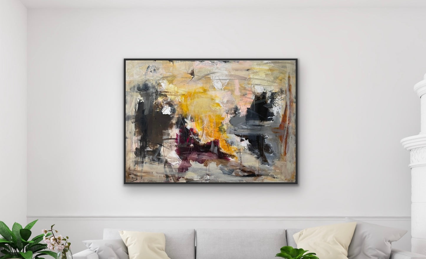 Abstrakt maleri, 100x140 cm, ”SUNRISE” by Lone Reedtz , Abstrakt ekspressivt akrylmaleri på lærred Med sort svæveramme