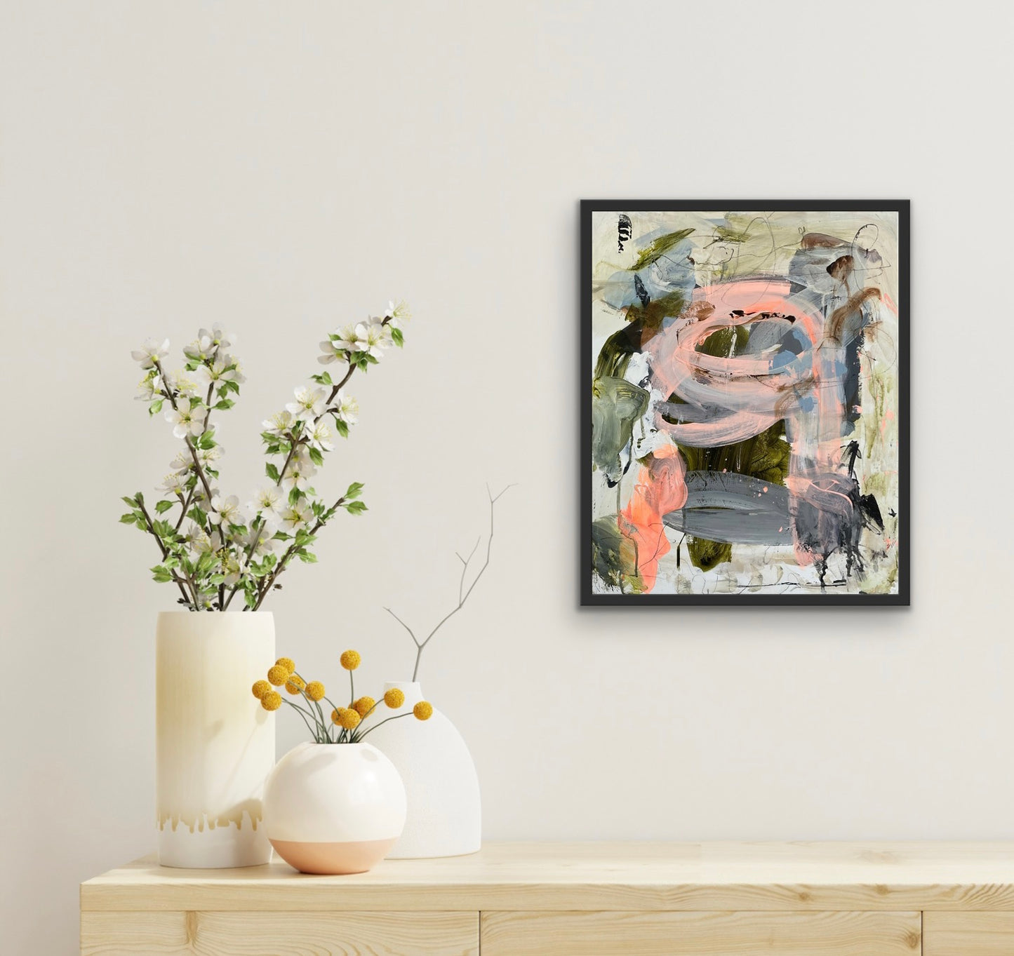 Abstrakt maleri, 40x50 cm, "Next level" by Lone Reedtz , Abstrakt ekspressivt akrylmaleri på lærred Med sort svæveramme