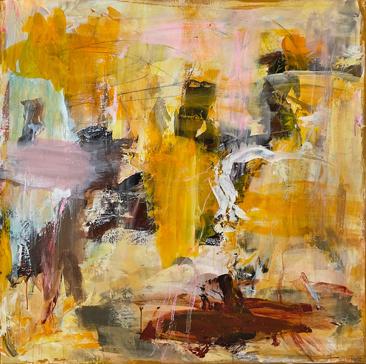 Abstrakt maleri, 100x100 cm, “GOOD THINGS” by Lone Reedtz , Abstrakt ekspressivt akrylmaleri på lærred Blue Brown Green Grey Kunstsamlingen-katalog-2025 Orange Pink White Yellow