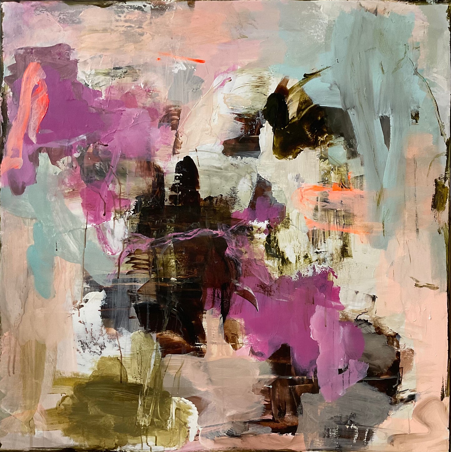 Abstrakt maleri, 80x80 cm, ”THE FLOW OF TIME” by Lone Reedtz , Abstrakt ekspressivt akrylmaleri på lærred Uden ramme