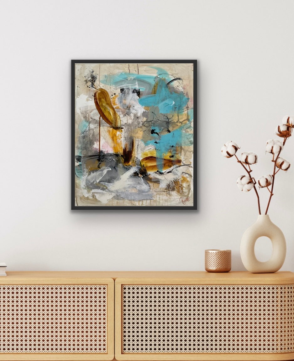 Abstrakt maleri, 50x60 cm, "My way" by Lone Reedtz , Abstrakt ekspressivt akrylmaleri på lærred Med sort svæveramme