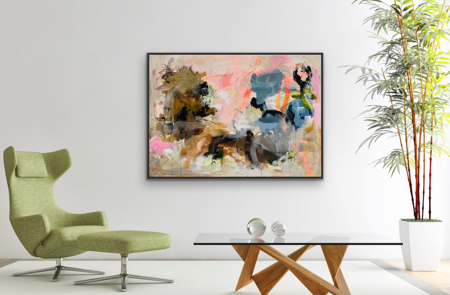 Abstrakt maleri, 140x100 cm, "Nr. 36" by Lone Reedtz , Abstrakt ekspressivt akrylmaleri på lærred Med sort svæveramme