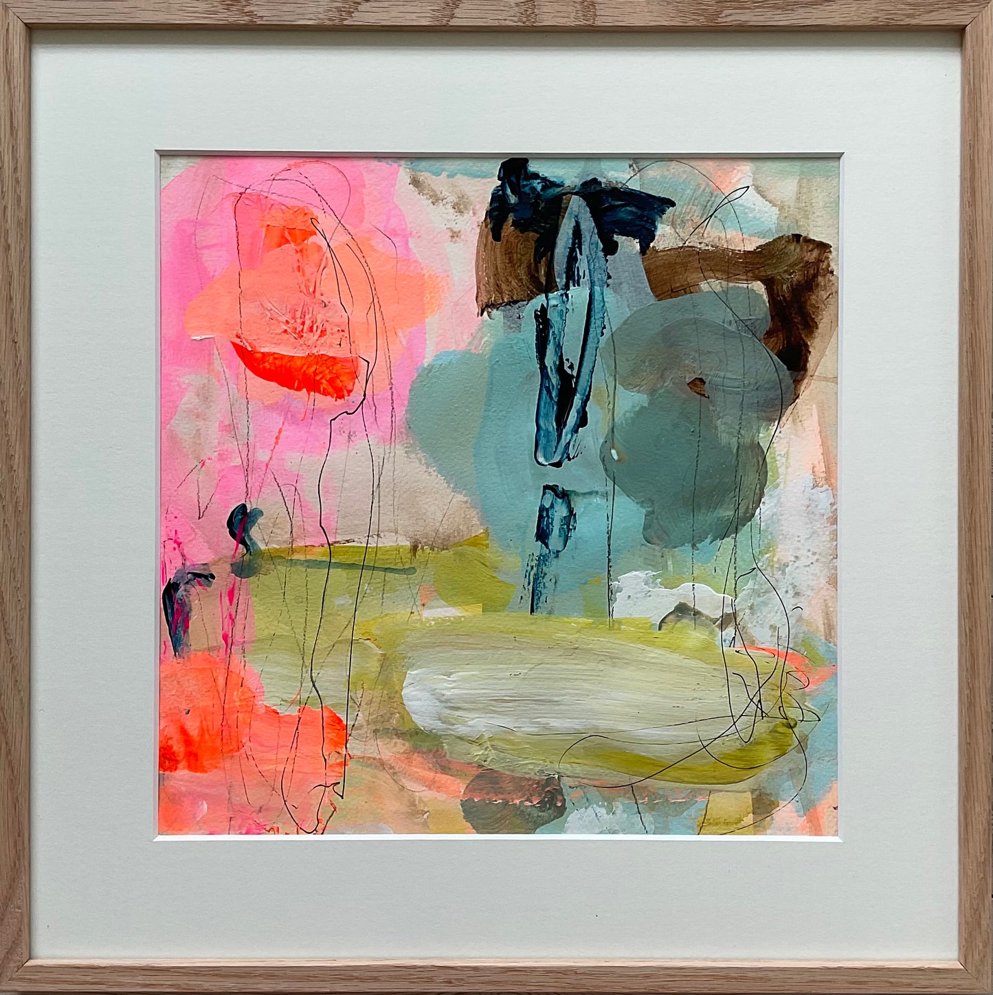 Paperwork, 40x40 cm, i massivt egetræsramme by Lone Reedtz , Abstrakt ekspressivt akrylmaleri på papir i passepartout