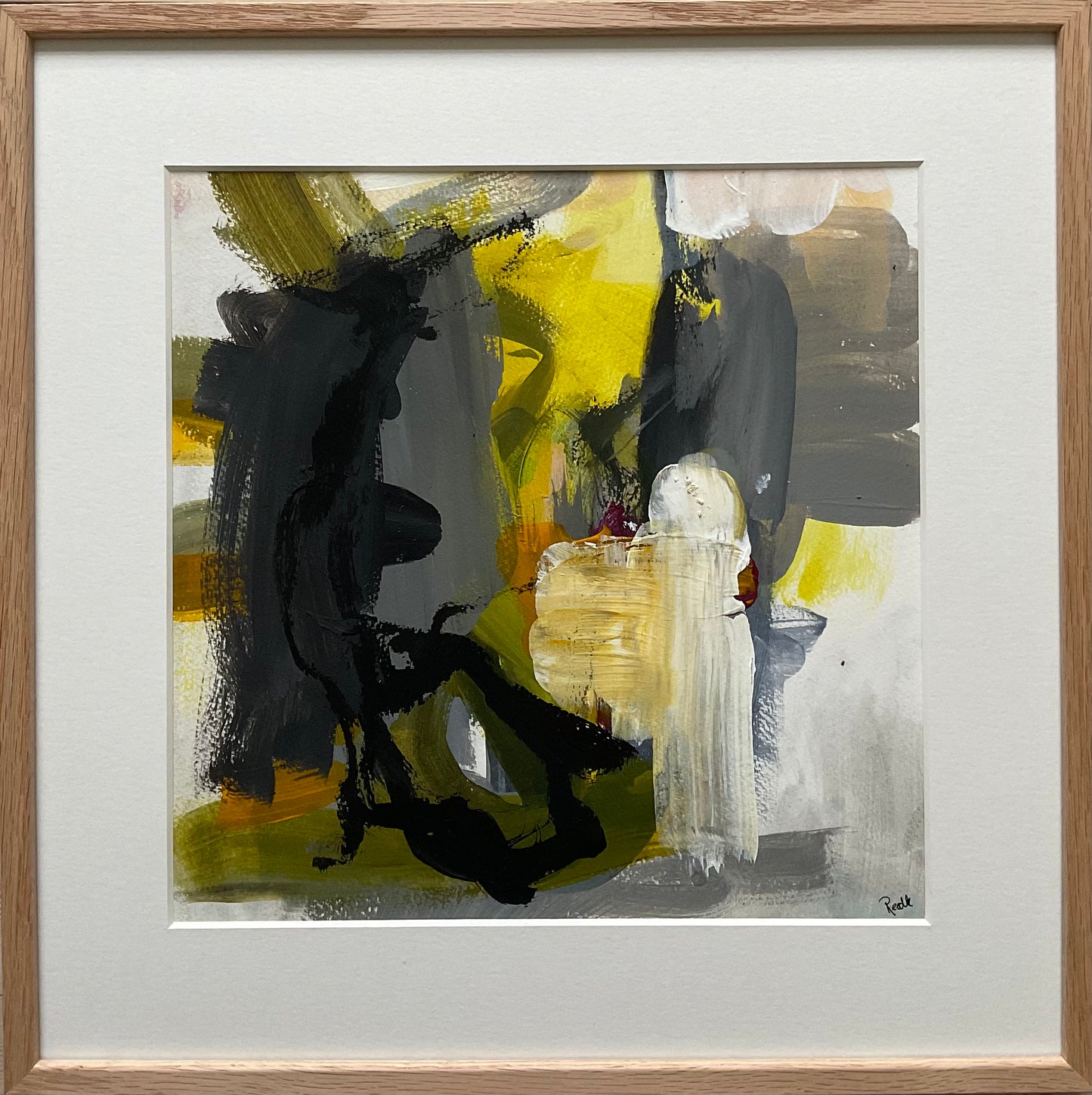 Paperwork nr. 61, 40x40 cm, med massiv egetræsramme by Lone Reedtz , Abstrakt ekspressivt akrylmaleri på papir i passepartout