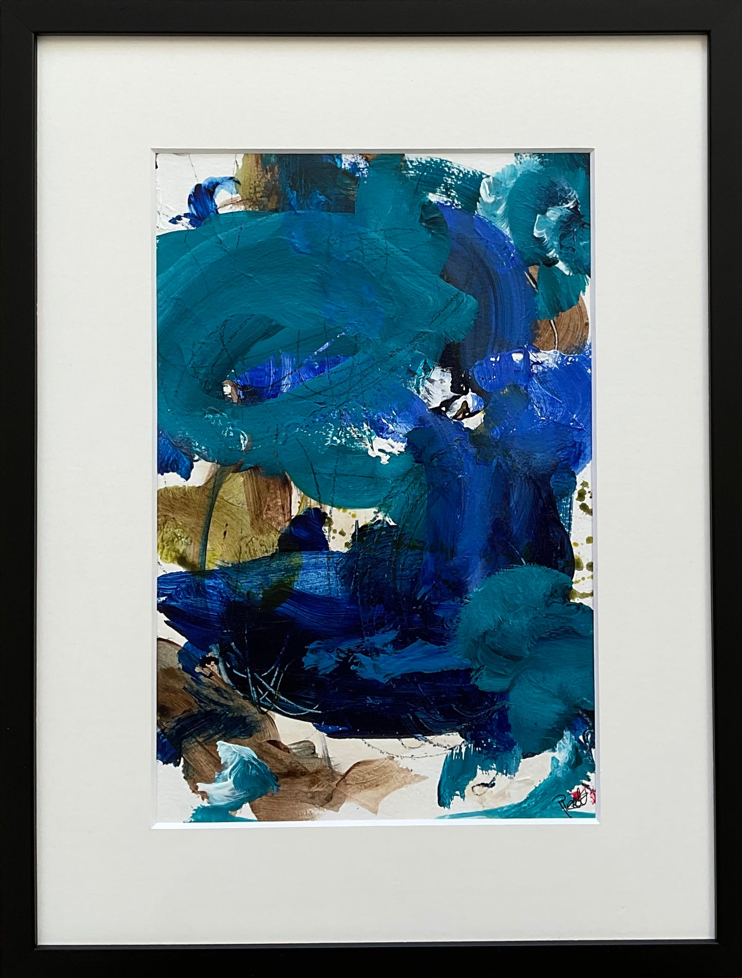 Paperwork nr. 107, 40x30 cm i sort træramme by Lone Reedtz , Abstrakt ekspressivt akrylmaleri på papir i passepartout