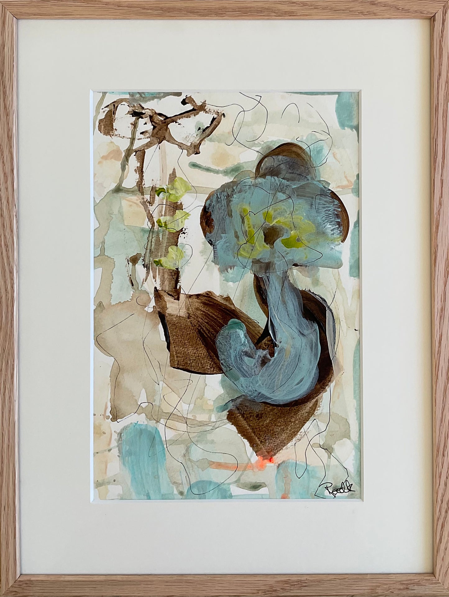 Paperwork nr. 116, 40x30 cm, i massiv egetræsramme by Lone Reedtz , Abstrakt ekspressivt akrylmaleri på papir i passepartout