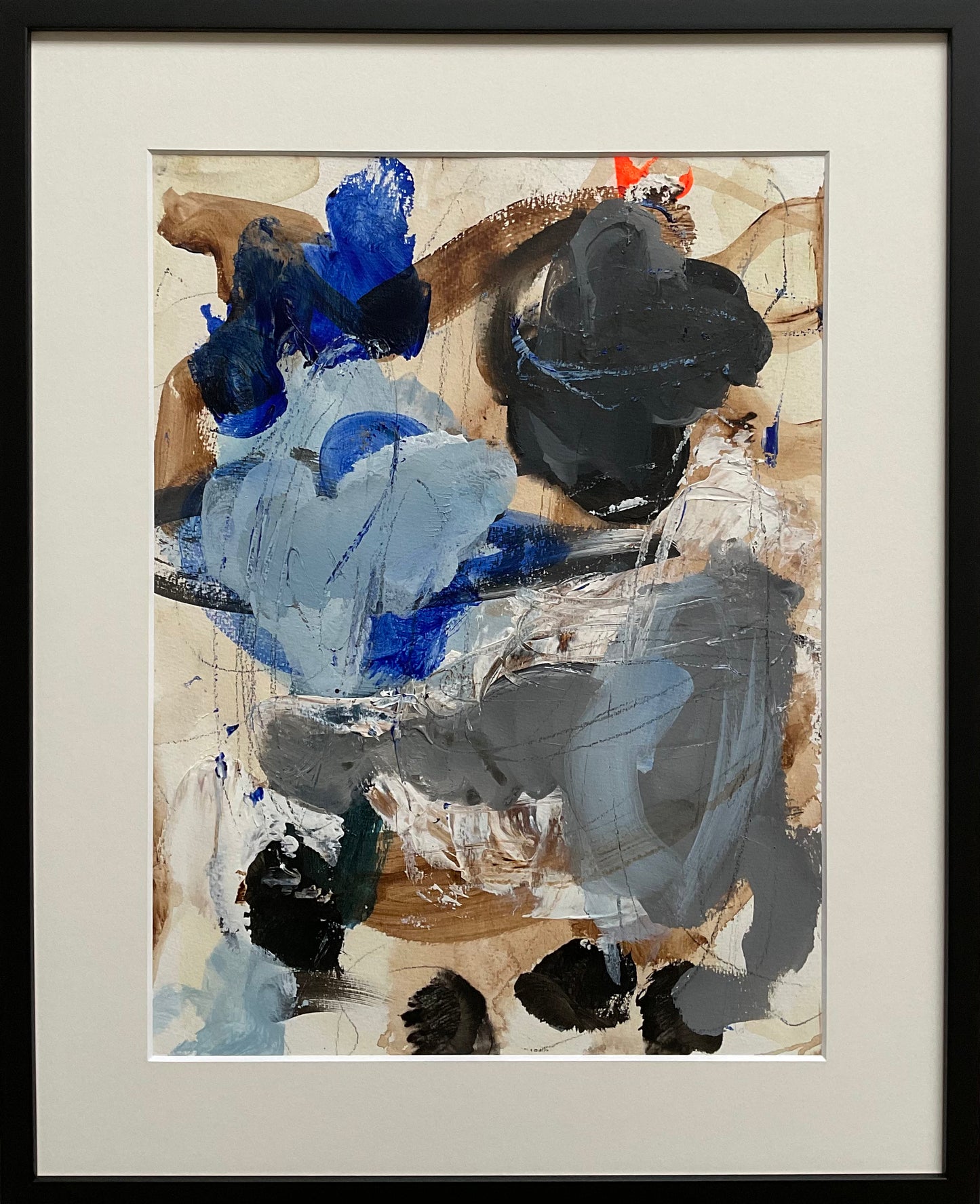 Paperwork nr. 73, 40x50 cm med sort træramme by Lone Reedtz , Abstrakt ekspressivt akrylmaleri på papir i passepartout Black Blue Brown Grey White