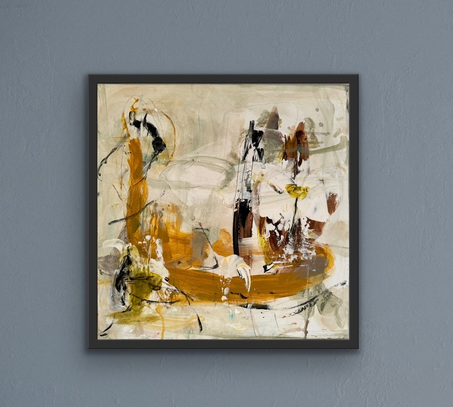 Abstrakt maleri, 40x40 cm, "Dig og mig” by Lone Reedtz , Abstrakt ekspressivt akrylmaleri på lærred Med sort svæveramme Black Brown Grey Ochre White