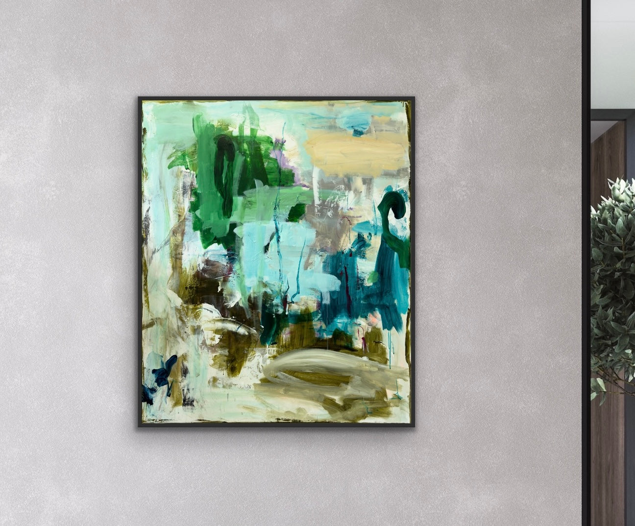 Abstrakt maleri, 120x100 cm, “VINDENS VALS” by Lone Reedtz , Abstrakt ekspressivt akrylmaleri på lærred Med sort svæveramme Blue Brown Green Grey Orange Pink White Yellow