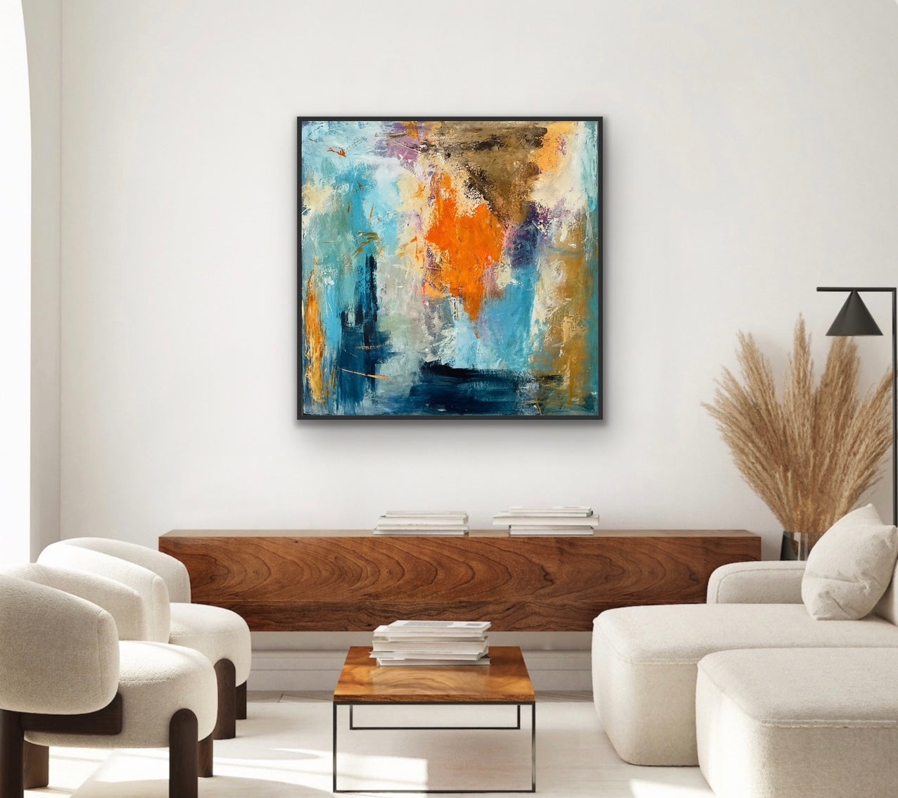 Abstrakt maleri, 100x100 cm, "Where the fairytale begins" by Lone Reedtz , Abstrakt ekspressivt akrylmaleri på lærred Med sort svæveramme