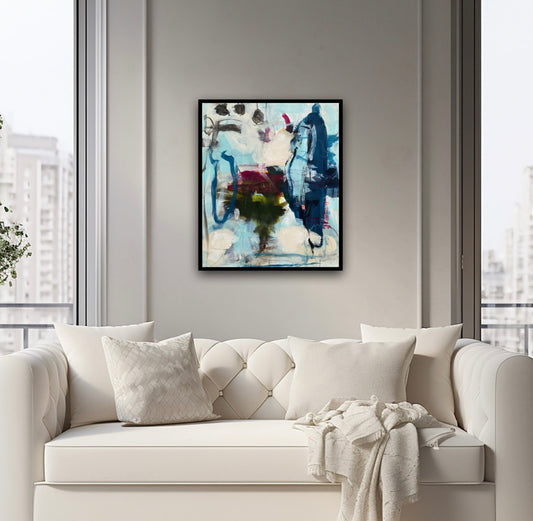 Abstrakt maleri, 60x50 cm, "Lily” by Lone Reedtz , Abstrakt ekspressivt akrylmaleri på lærred Black Blue Brown Green Grey Ochre Purple White