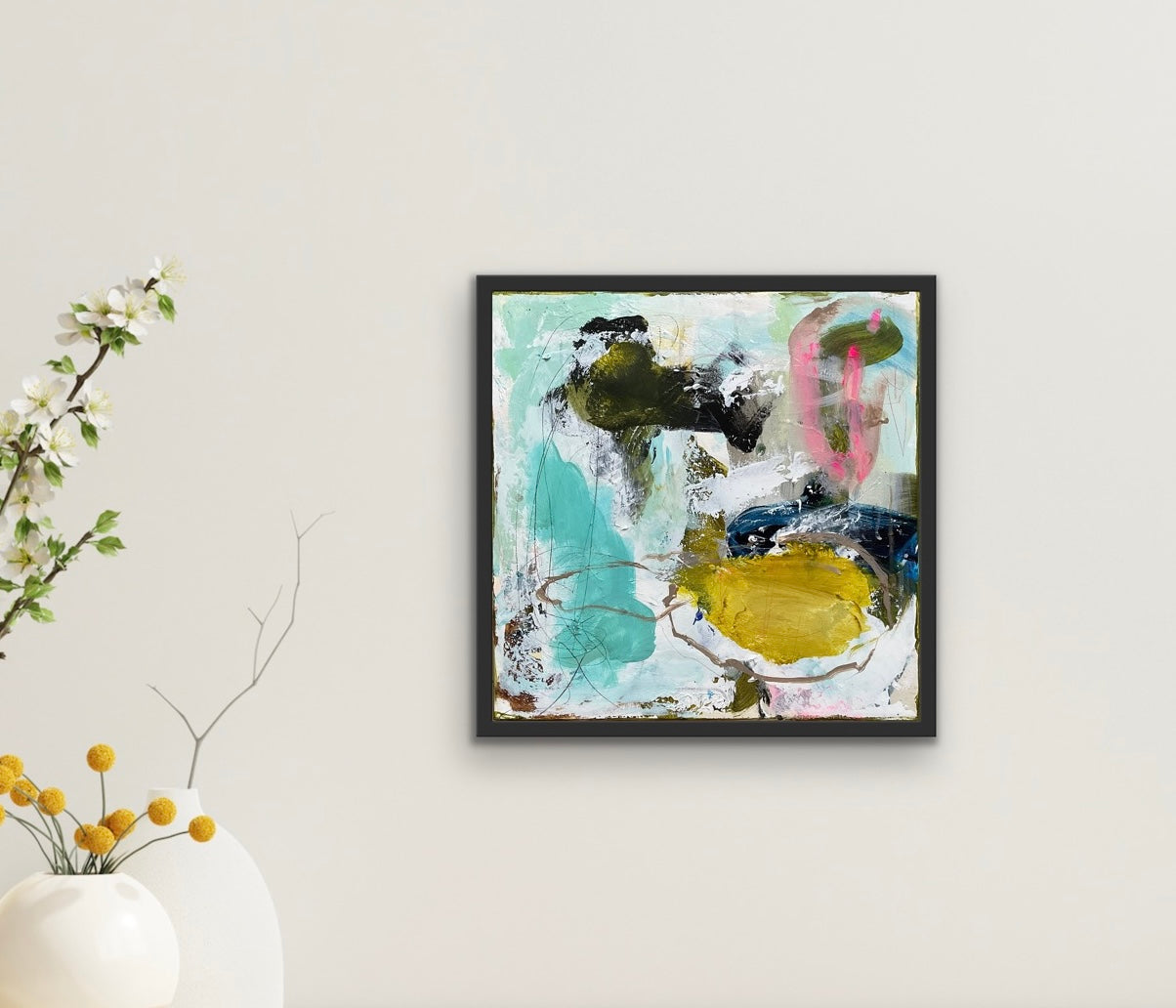 Abstrakt maleri, 40x40 cm, ”SUNSHINE” by Lone Reedtz , Abstrakt ekspressivt akrylmaleri på lærred Med sort svæveramme