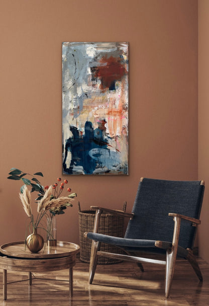 Abstrakt maleri, 100x50 cm, "A beautiful time" by Lone Reedtz , Abstrakt ekspressivt akrylmaleri på lærred Black Blue Brown Golden Ochre Pink White