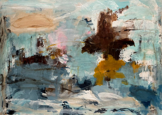Abstrakt maleri, 100x140 cm, "Aurora" by Lone Reedtz , Abstrakt ekspressivt akrylmaleri på lærred Uden ramme Black Blue Brown Grey Ochre Orange Pink White