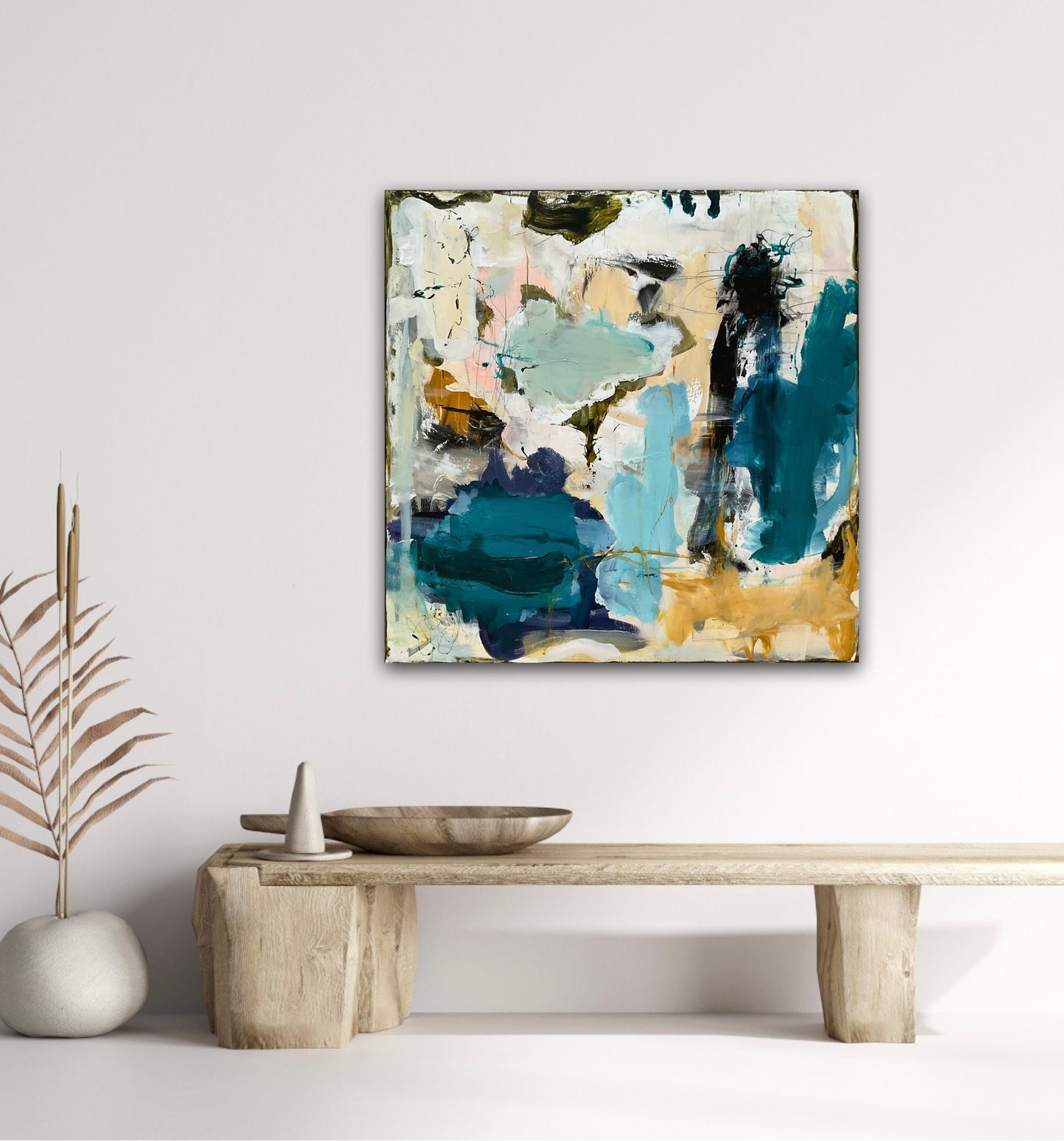 Abstrakt maleri, 80x80 cm, ”FLOW” by Lone Reedtz , Abstrakt ekspressivt akrylmaleri på lærred Kunstsamlingen-katalog-2025