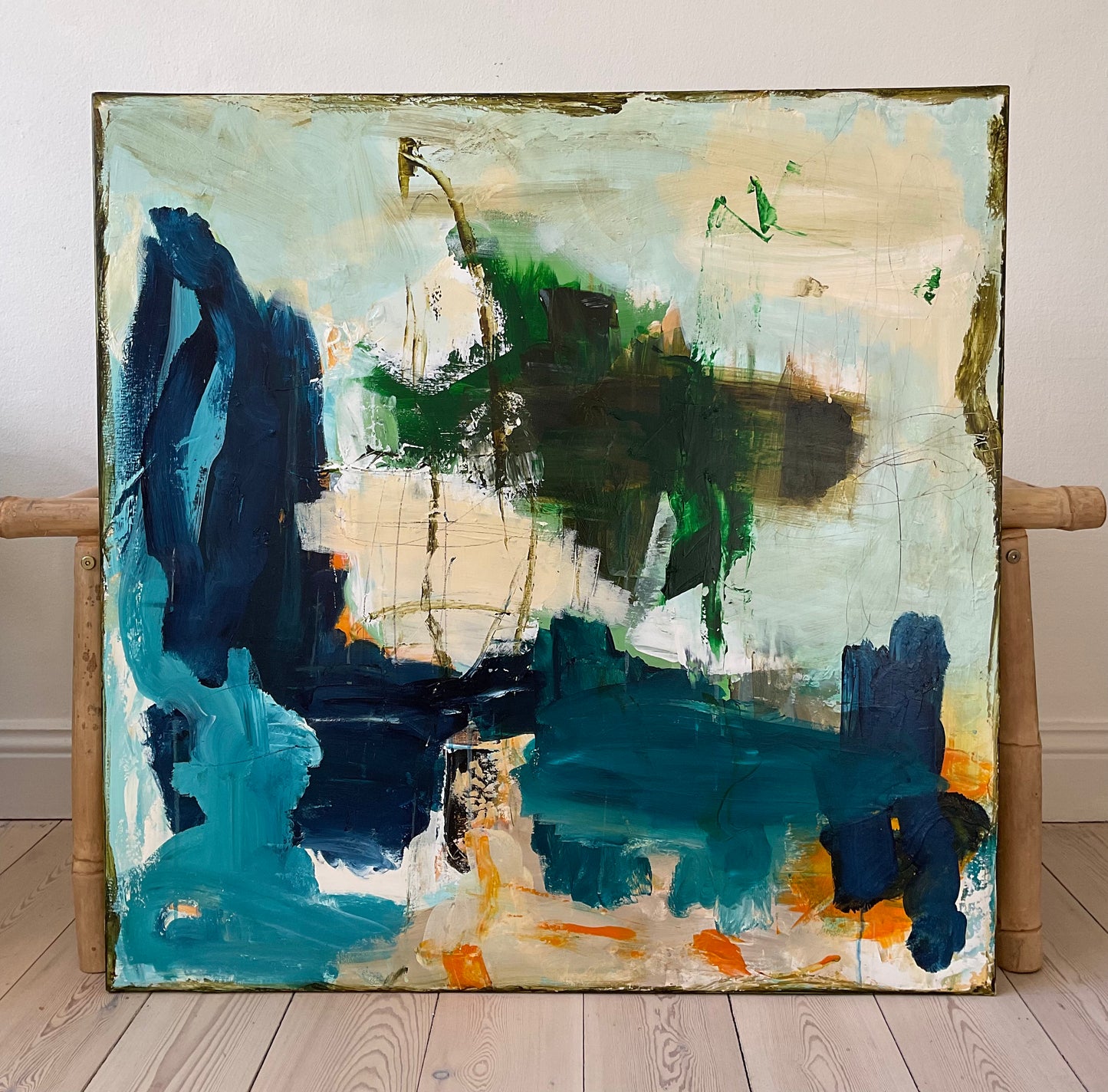 Abstrakt maleri, 80x80 cm, ”BORN IN BLUE” by Lone Reedtz , Abstrakt ekspressivt akrylmaleri på lærred