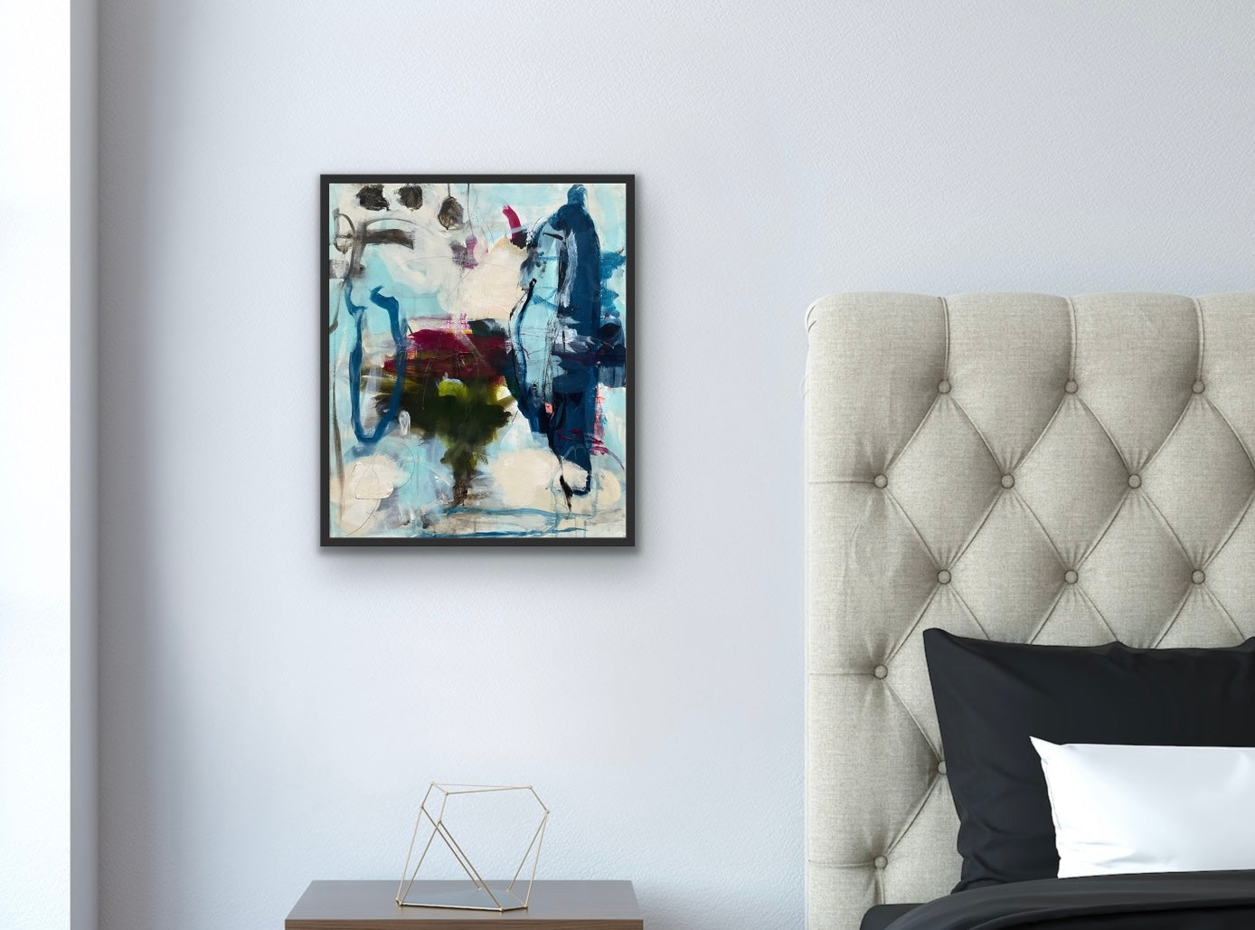 Abstrakt maleri, 60x50 cm, "Lily” by Lone Reedtz , Abstrakt ekspressivt akrylmaleri på lærred Med sort svæveramme Black Blue Brown Green Grey Ochre Purple White
