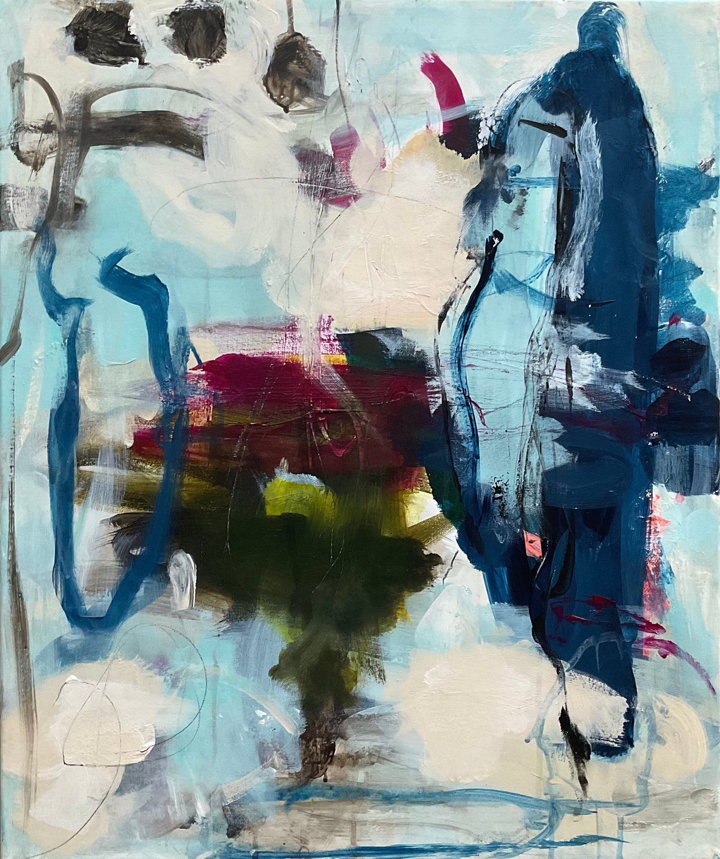 Abstrakt maleri, 60x50 cm, "LILY” by Lone Reedtz , Abstrakt ekspressivt akrylmaleri på lærred Uden ramme Black Blue Brown Green Grey Ochre Purple White