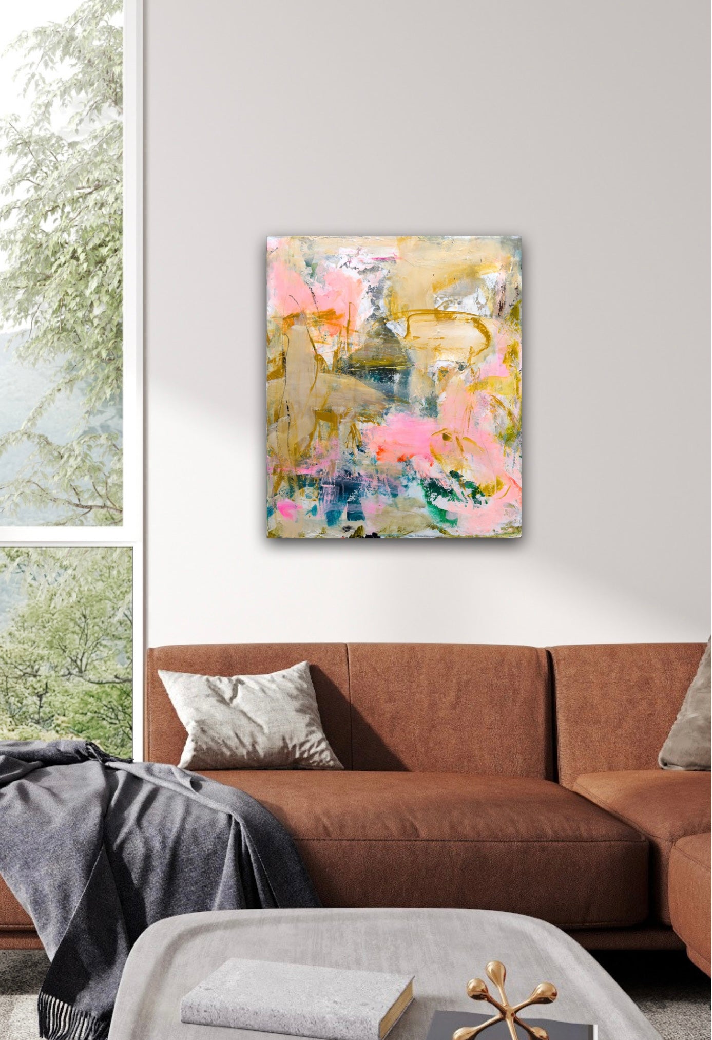 Abstrakt maleri, 60x50 cm, "STILLE SOL” by Lone Reedtz , Abstrakt ekspressivt akrylmaleri på lærred Uden ramme Black Blue Brown Grey Ochre Orange White