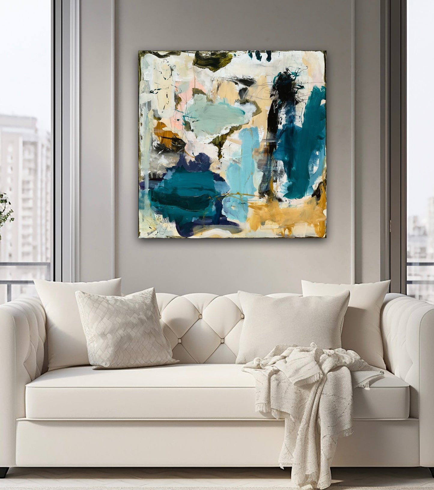Abstrakt maleri, 80x80 cm, ”FLOW” by Lone Reedtz , Abstrakt ekspressivt akrylmaleri på lærred Kunstsamlingen-katalog-2025