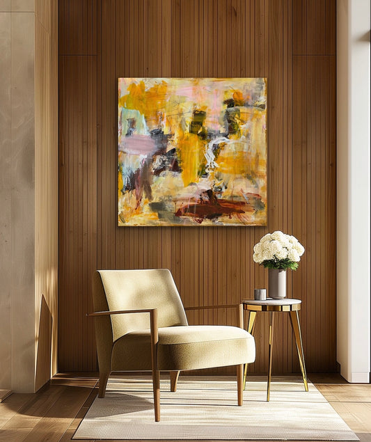 Abstrakt maleri, 100x100 cm, “GOOD THINGS” by Lone Reedtz , Abstrakt ekspressivt akrylmaleri på lærred Uden ramme Blue Brown Green Grey Kunstsamlingen-katalog-2025 Orange Pink White Yellow