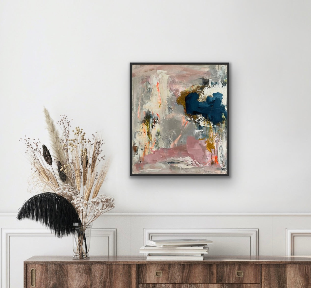 Abstrakt maleri, 80x70 cm, "PIECES OF WONDER” by Lone Reedtz , Abstrakt ekspressivt akrylmaleri på lærred Med sort svæveramme