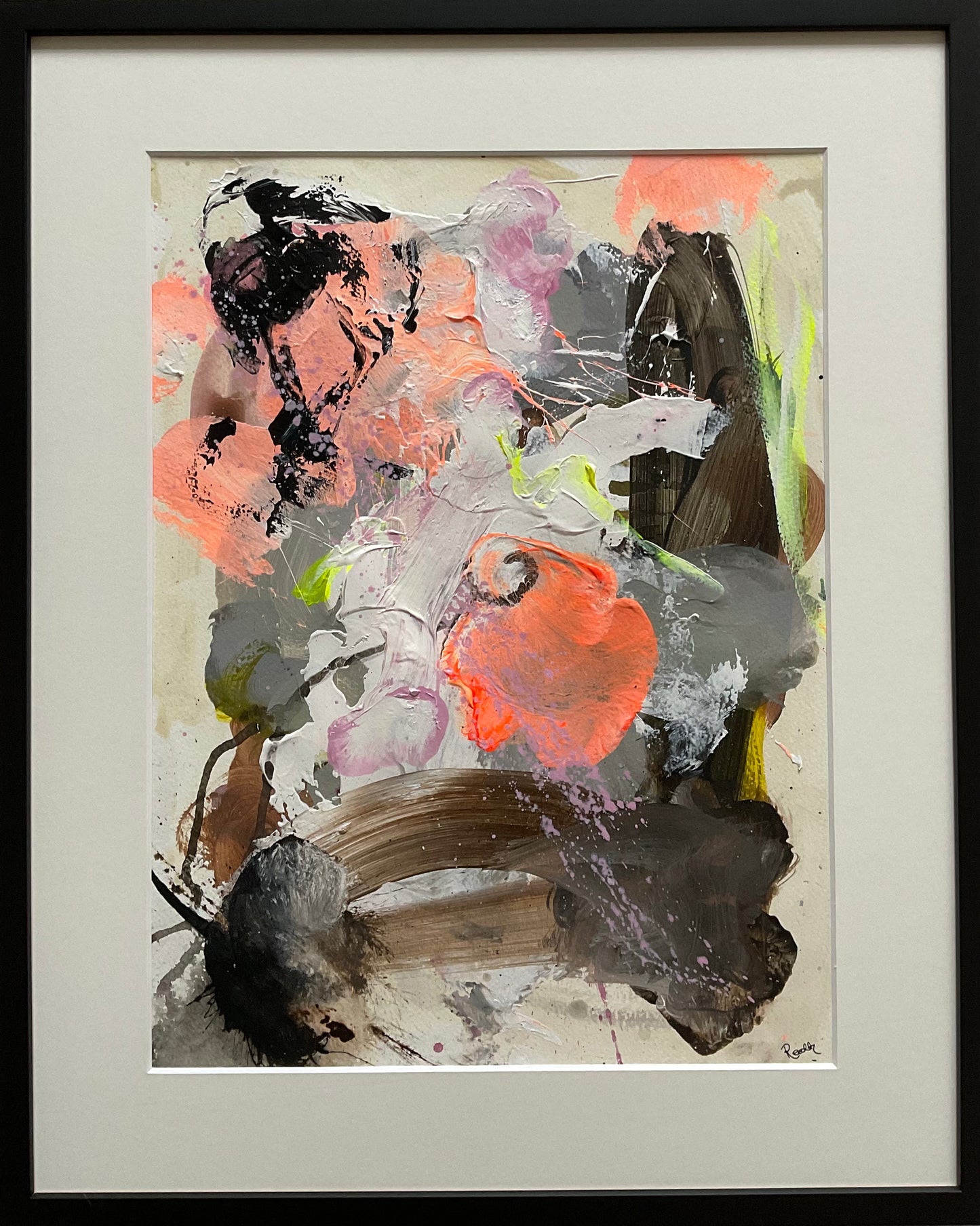 Paperwork nr. 60, 40x50 cm med sort træramme by Lone Reedtz , Abstrakt ekspressivt akrylmaleri på papir i passepartout