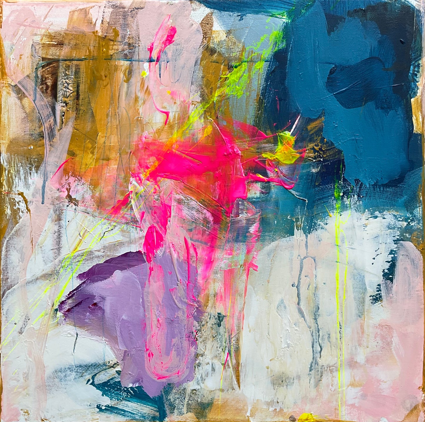 Abstrakt maleri, 40x40 cm, “MEMORIES” by Lone Reedtz , Abstrakt ekspressivt akrylmaleri på lærred Black Ochre Purple Red White