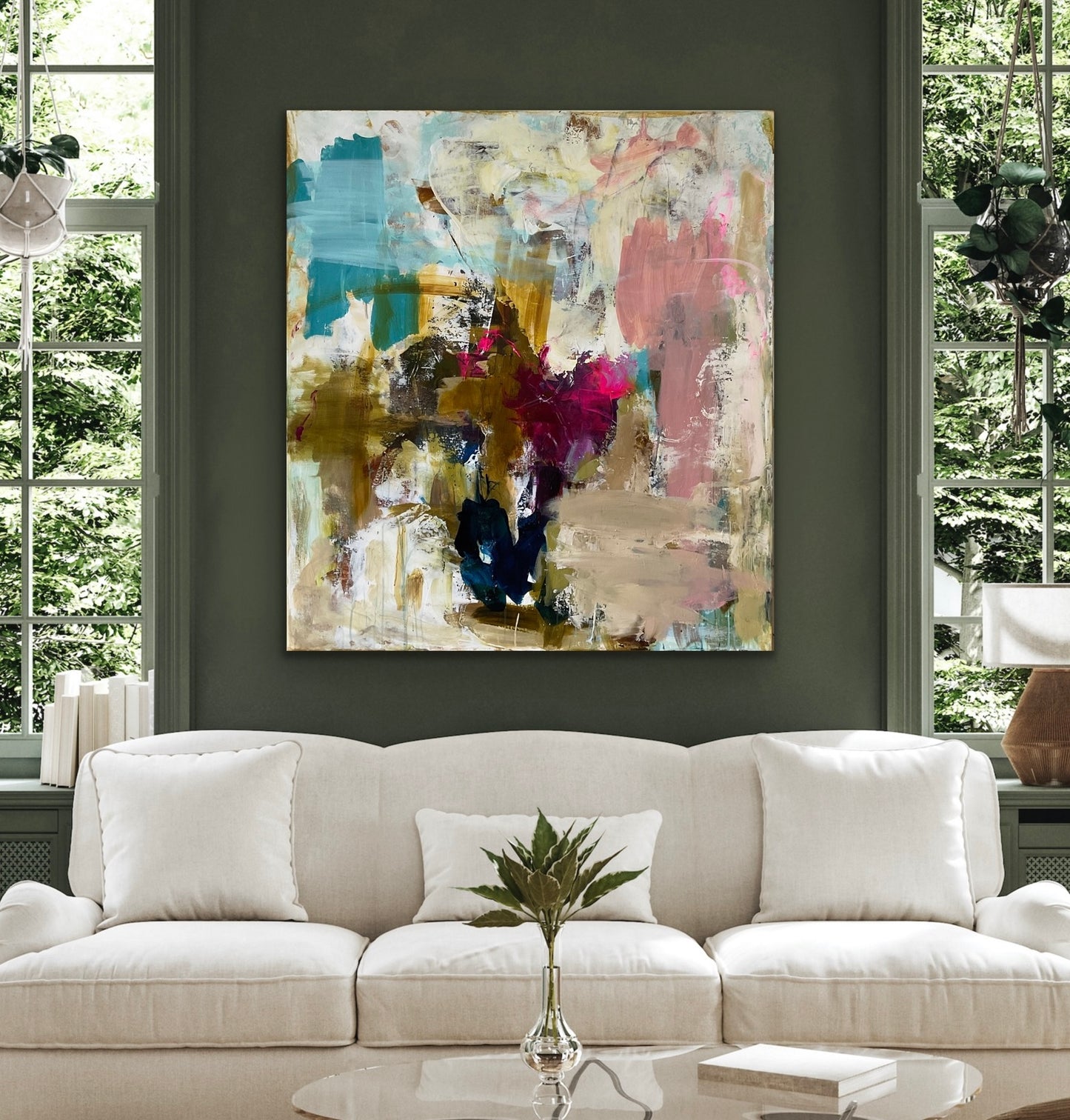 Abstrakt maleri, 100x90 cm, ”DIVE INTO COLORS” by Lone Reedtz , Abstrakt ekspressivt akrylmaleri på lærred