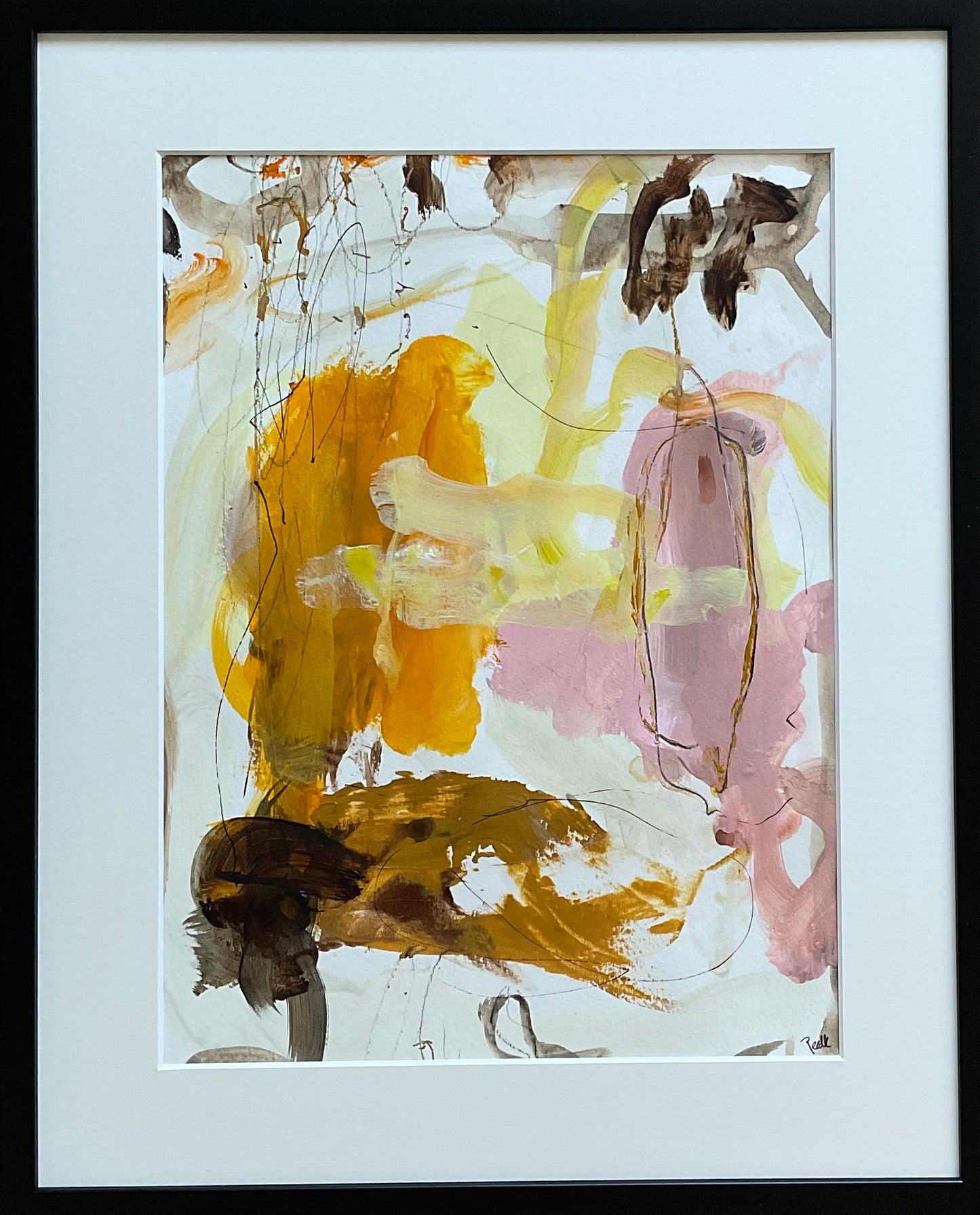 Paperwork nr. 94, 50x40 cm, med sort træramme by Lone Reedtz , Abstrakt ekspressivt akrylmaleri på papir i passepartout Childish