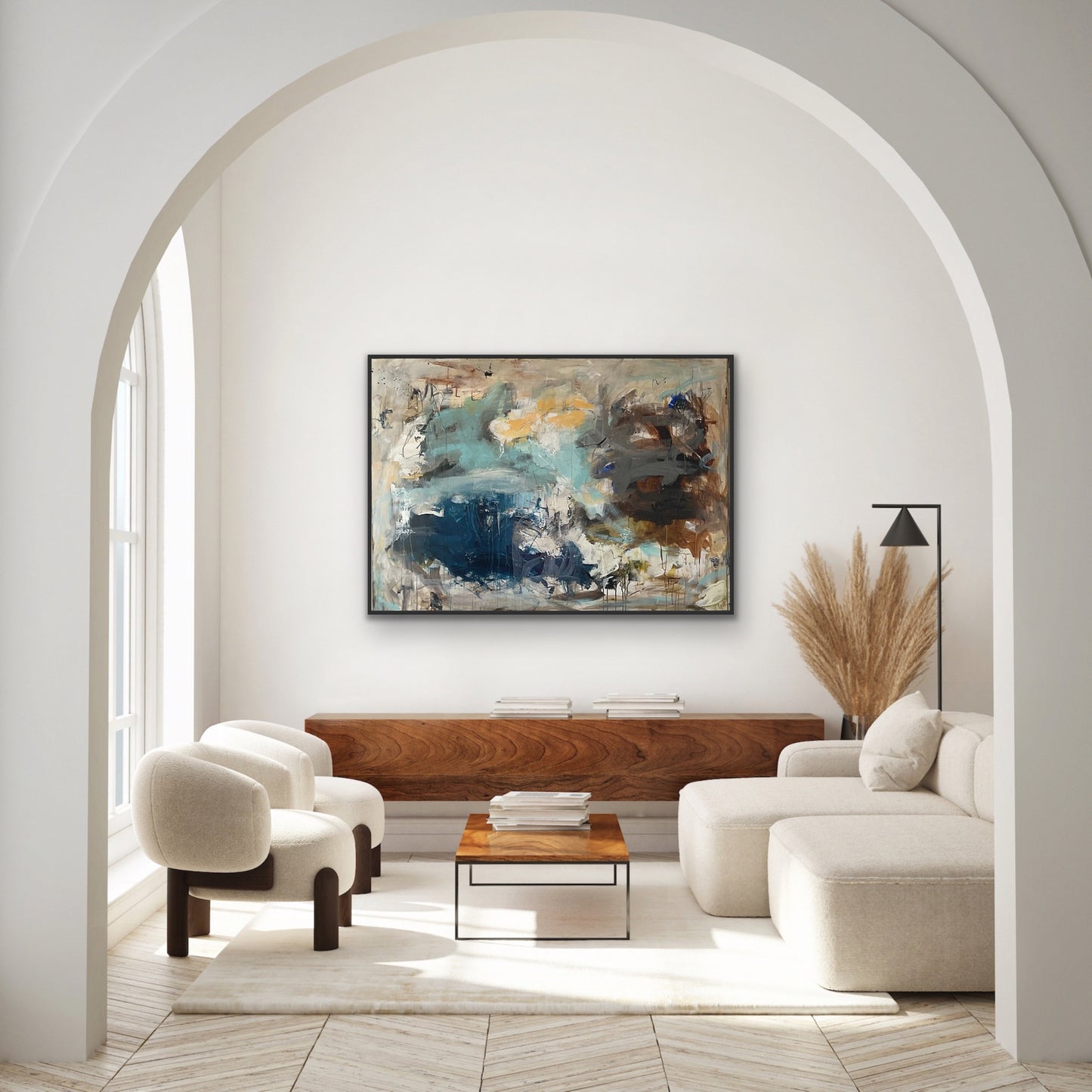 Abstrakt maleri, 100x140 cm, "ANOTHER DAY” by Lone Reedtz , Abstrakt ekspressivt akrylmaleri på lærred Med sort svæveramme horsens-kunstforening